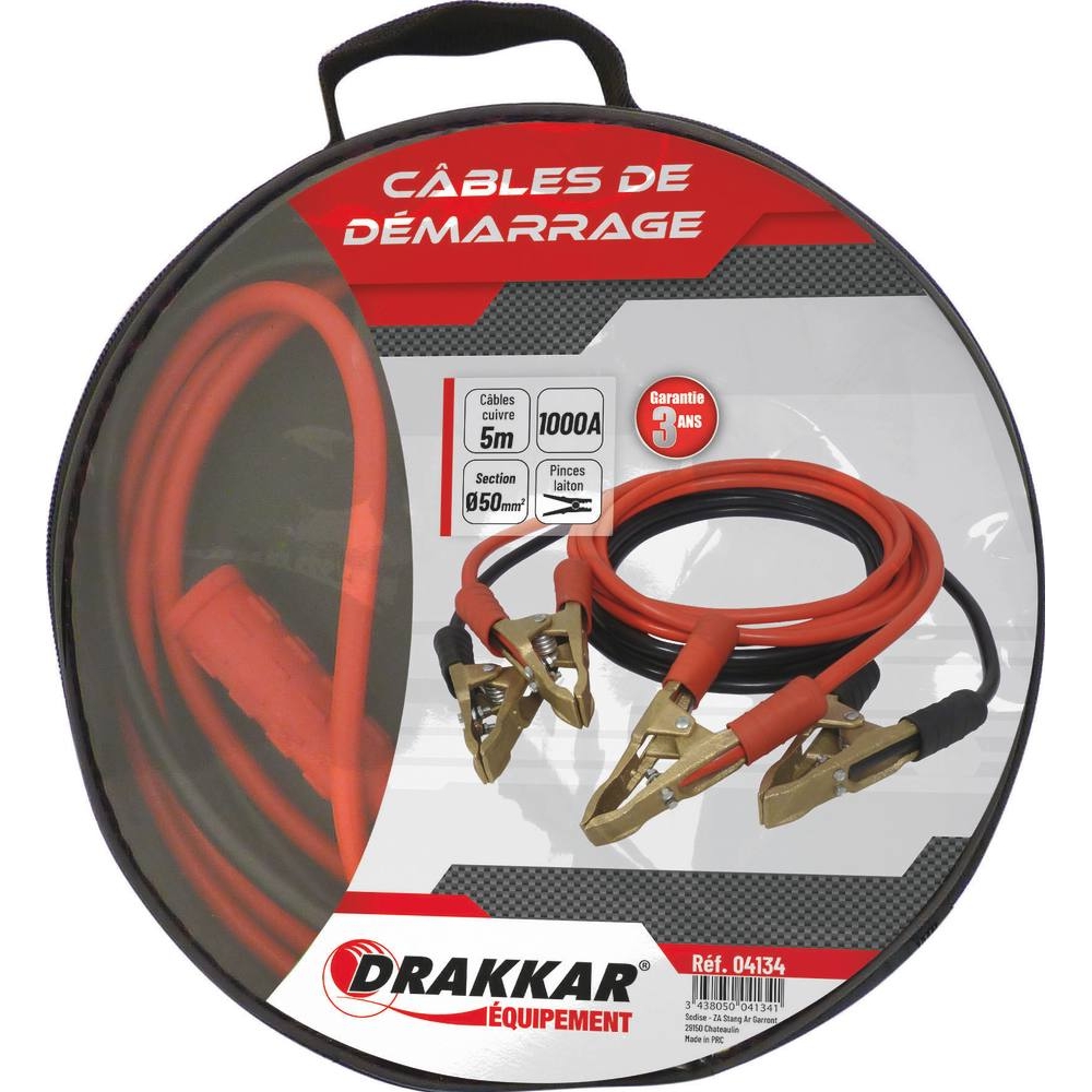 Câbles de démarrage en cuivre 50mm² 2x5m 1000A pinces en laiton DRAKKAR - 04134