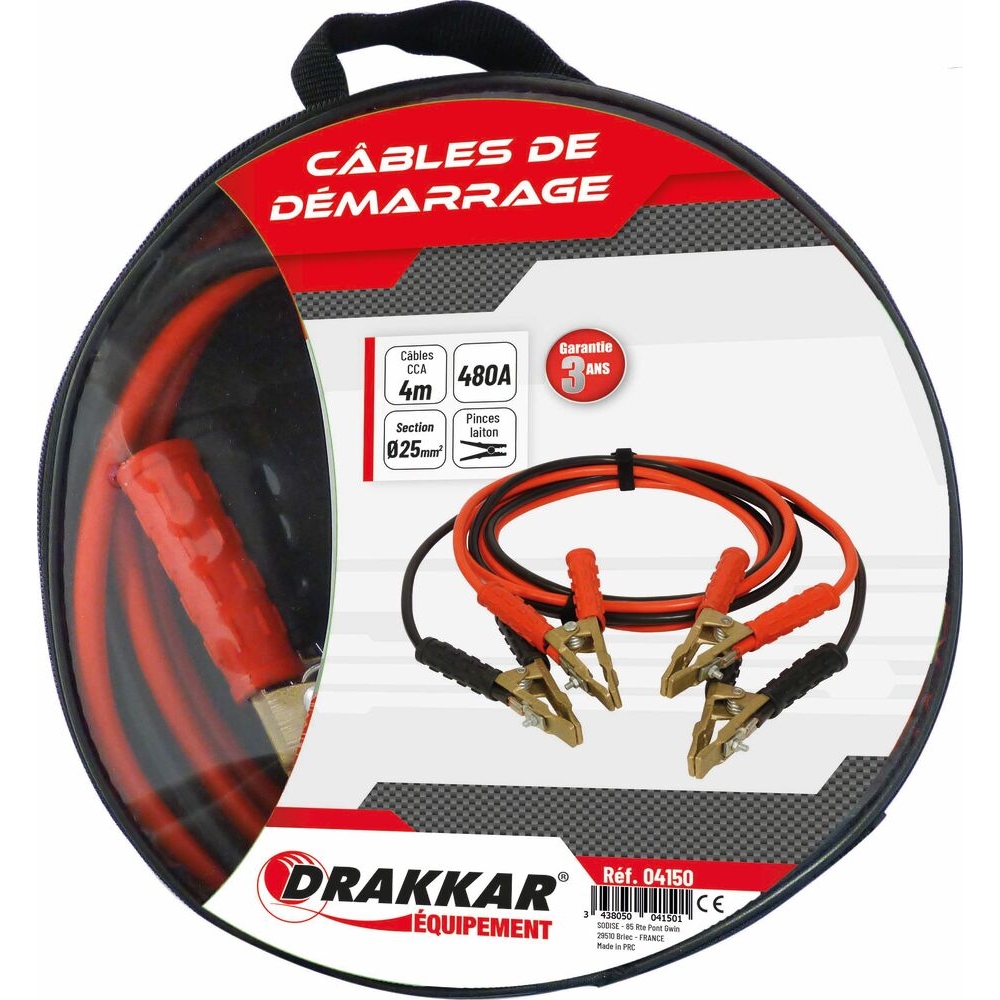 Câbles de démarrage en CCA 25mm² 2x4m 480 A pinces en laiton DRAKKAR - 04150