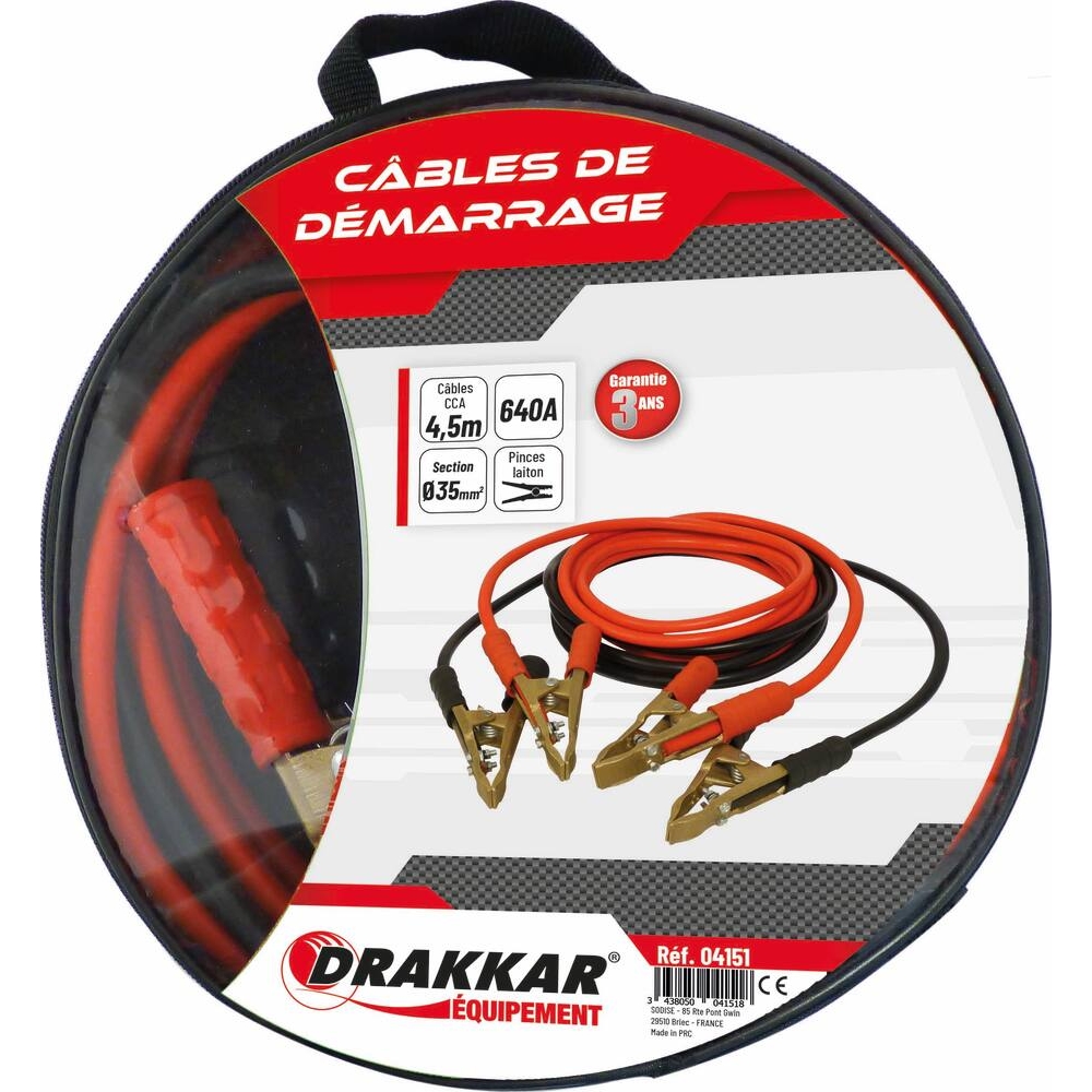 Câbles de démarrage en CCA 35mm² 2x4,5m 640A pinces en laiton DRAKKAR - 04151