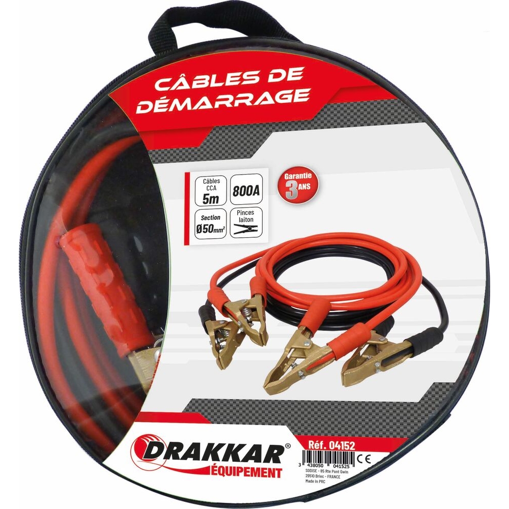 Câbles de démarrage en CCA 50mm² 2x5m 800A pinces en laiton DRAKKAR - 04152