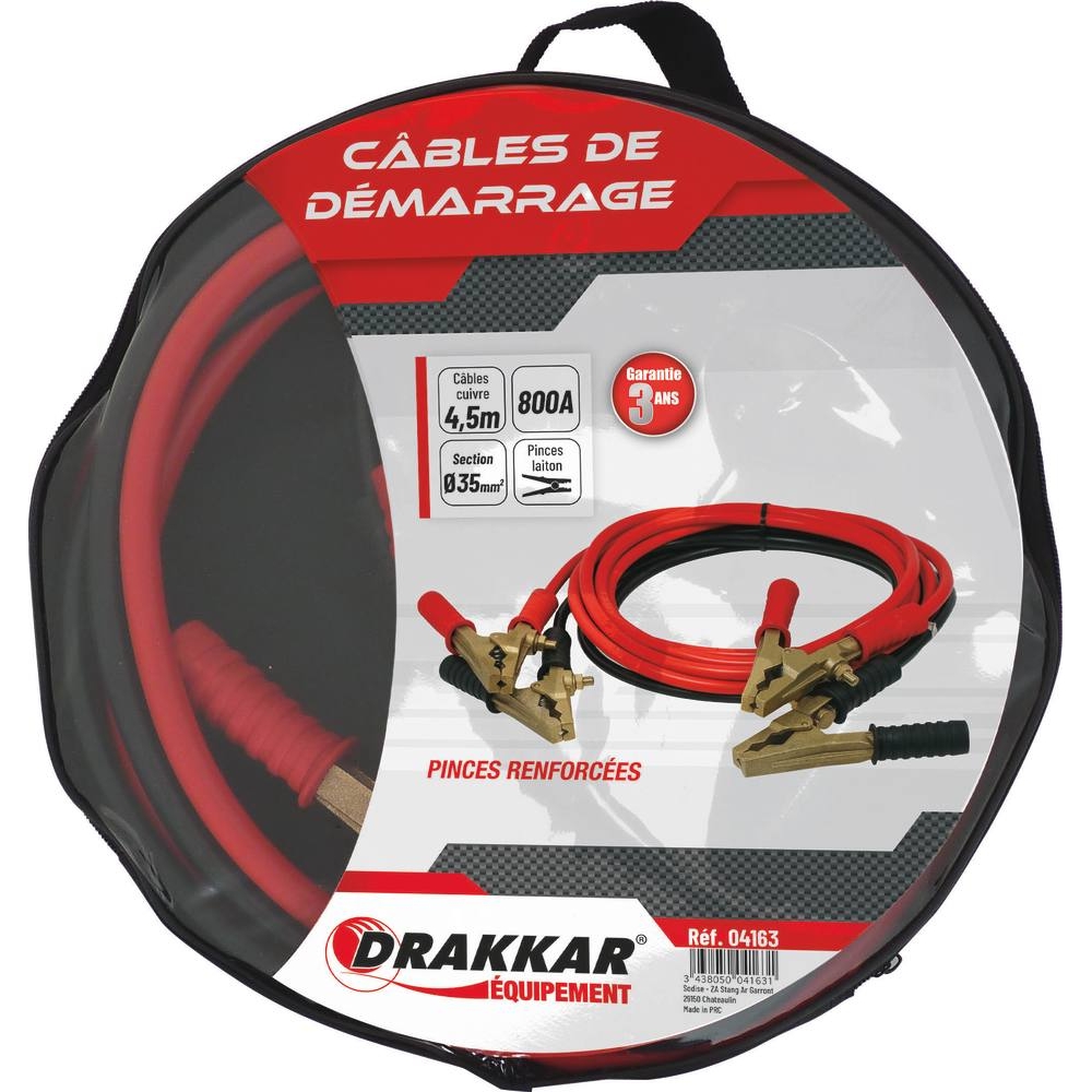 Câbles de démarrage en cuivre 35mm² 2x4,5m 800A pinces renforcées en laiton DRAKKAR - 04163