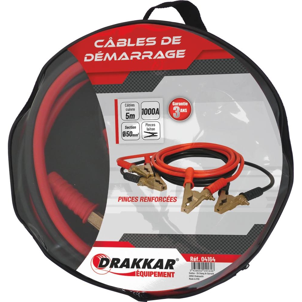 Câbles de démarrage en cuivre 50mm² 2x5m 1000A pinces renforcées en laiton DRAKKAR - 04164