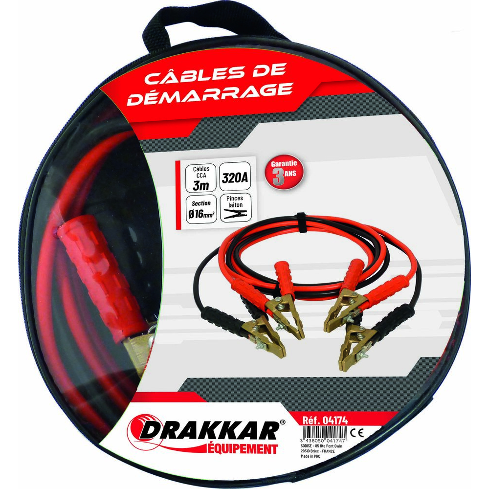 Câbles de démarrage en CCA 16mm² pinces en laiton 2x3m 320A DRAKKAR - 04174