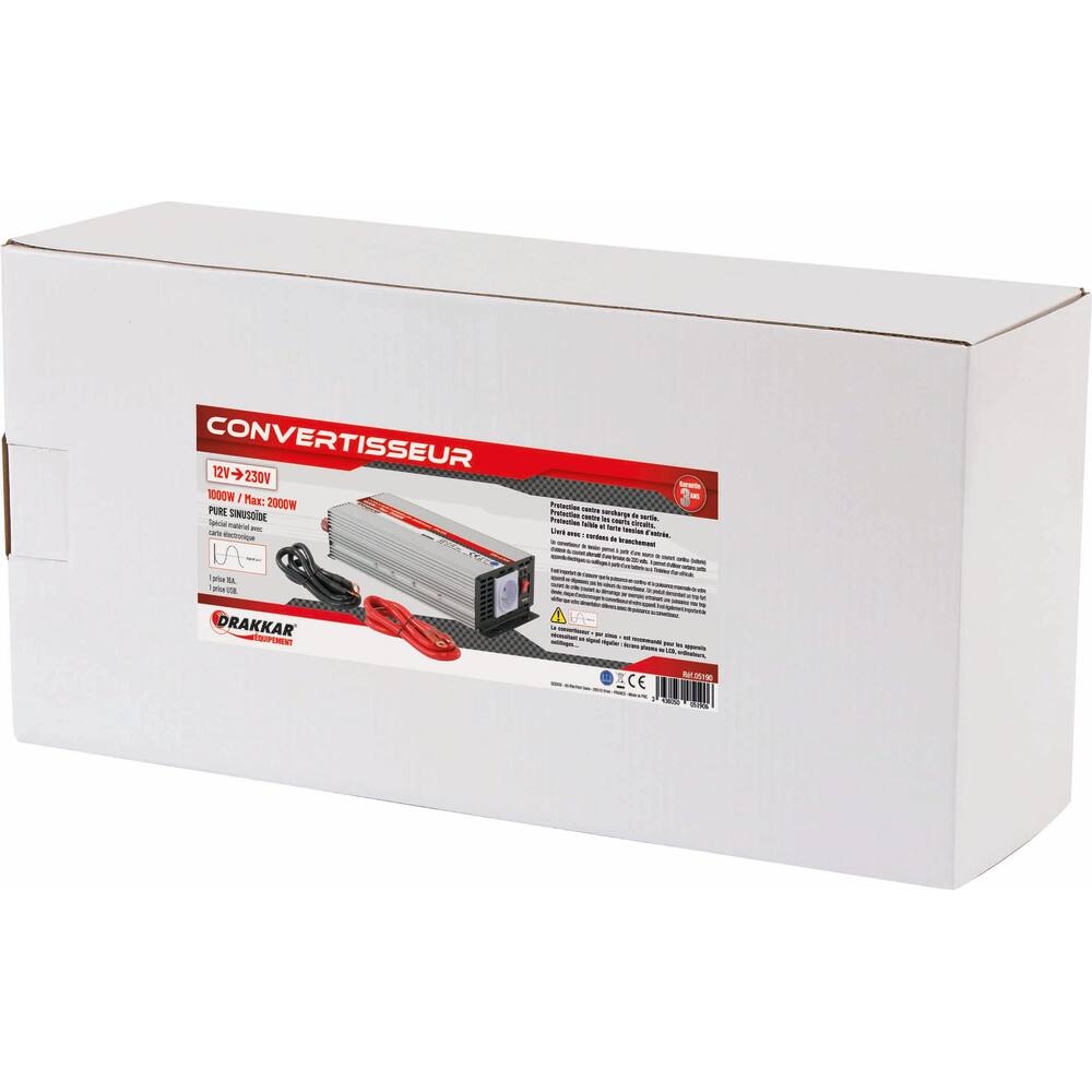 Convertisseur 12V DC/230V AC - 2000W max - pure sinusoïde DRAKKAR - 05190