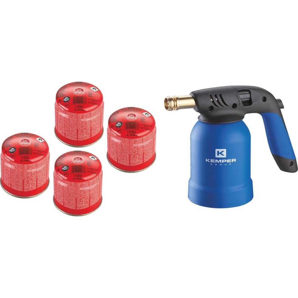Lampe à souder avec allumage piezo avec 4 cartouches de gaz à percer 190g KEMPER - 05895