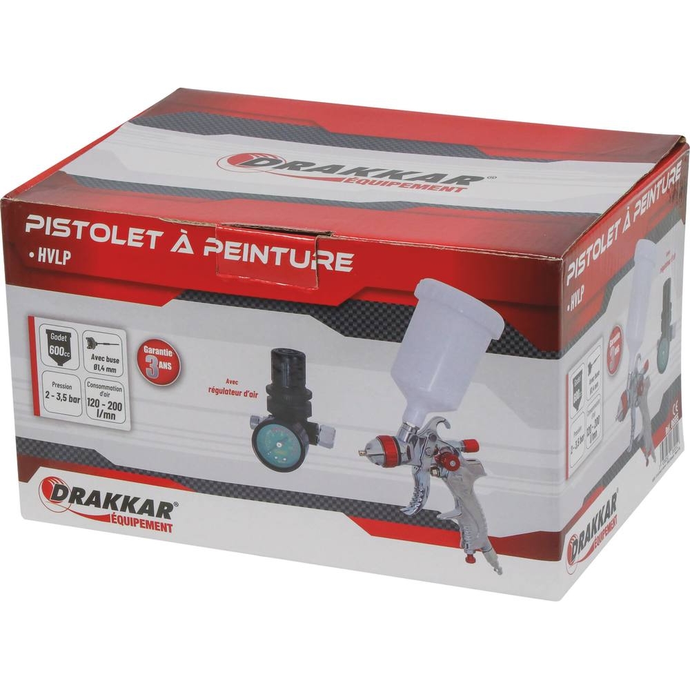 Pistolet de peinture HVLP godet supérieur 600ml buse 1,4mm avec régulateur de pression DRAKKAR - 06555