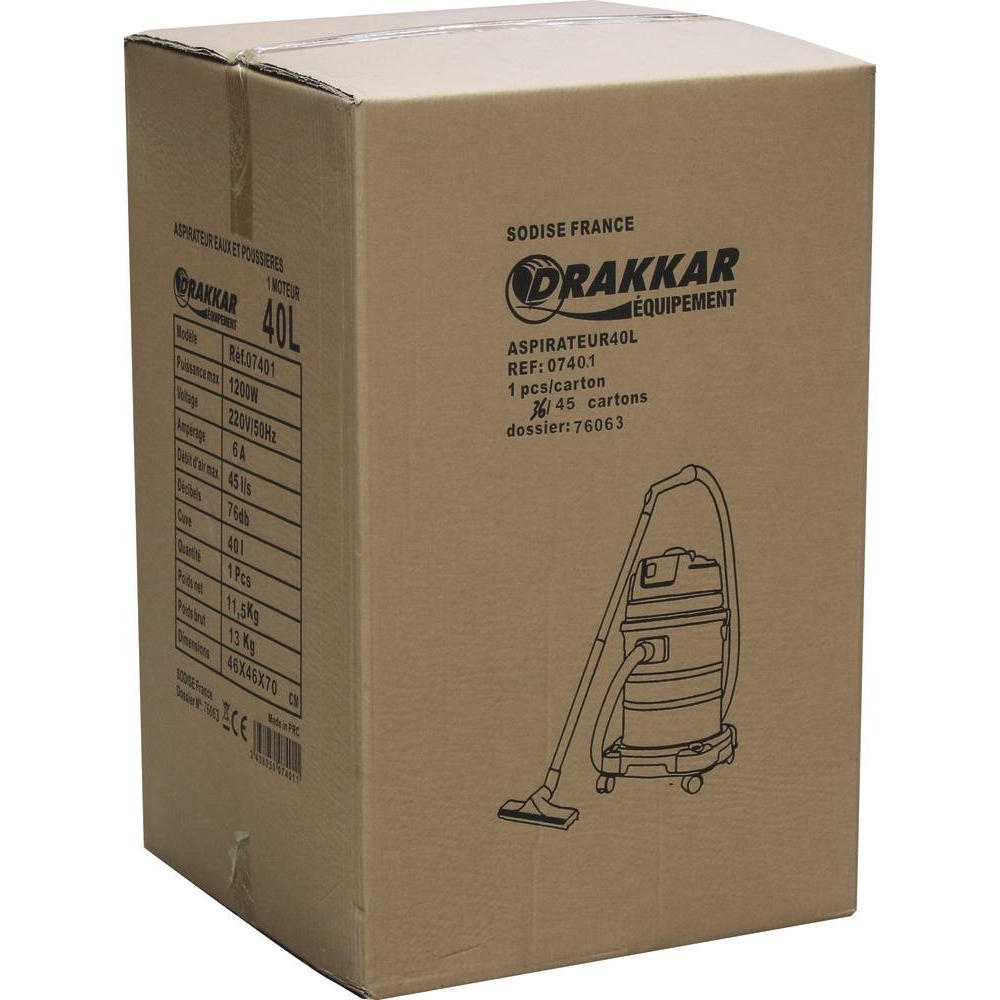 Aspirateur eau et poussière 40L 230V 1200W cuve inox DRAKKAR - 07401