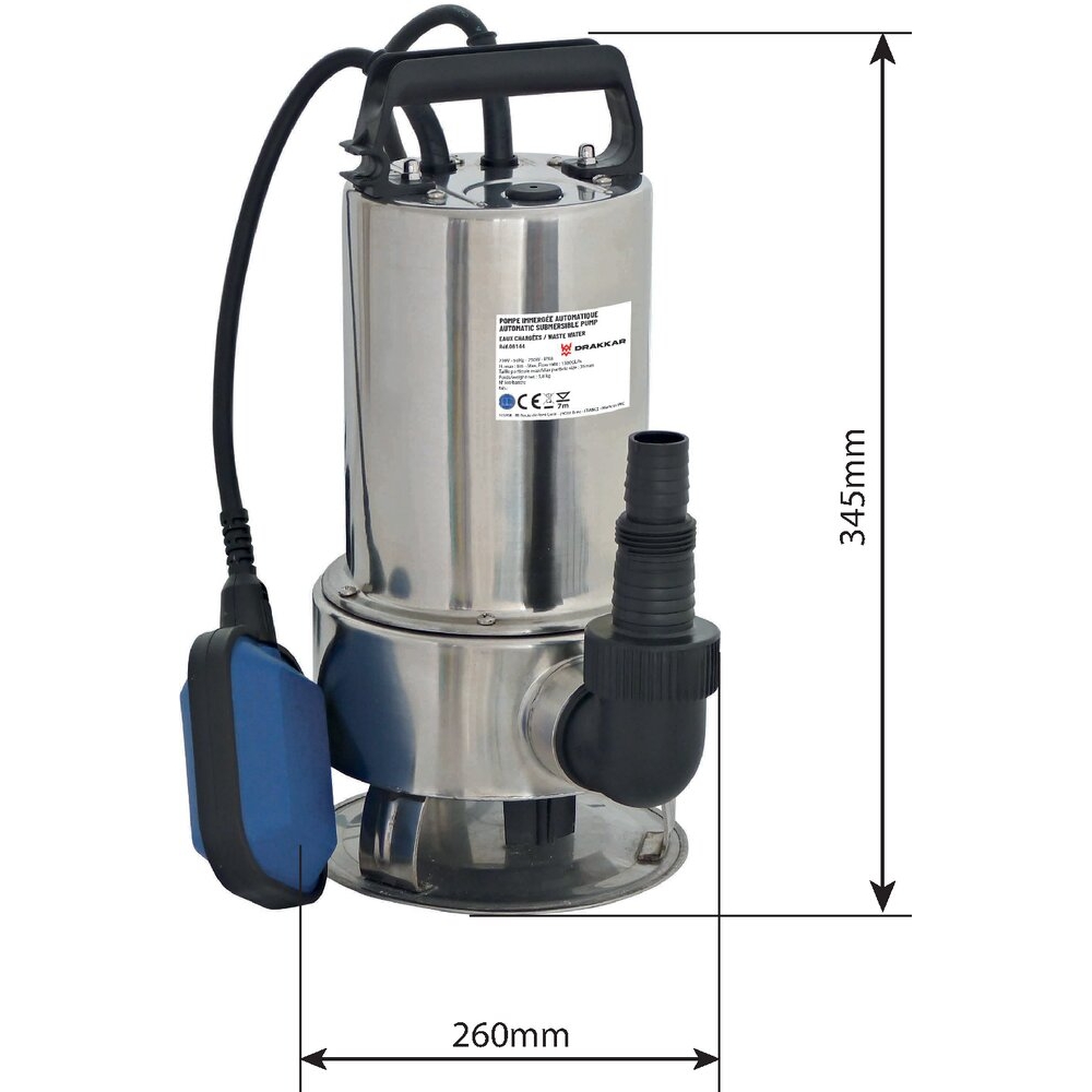 Pompe à eau immergée automatique inox 230V 750W avec flotteur DRAKKAR - 08144