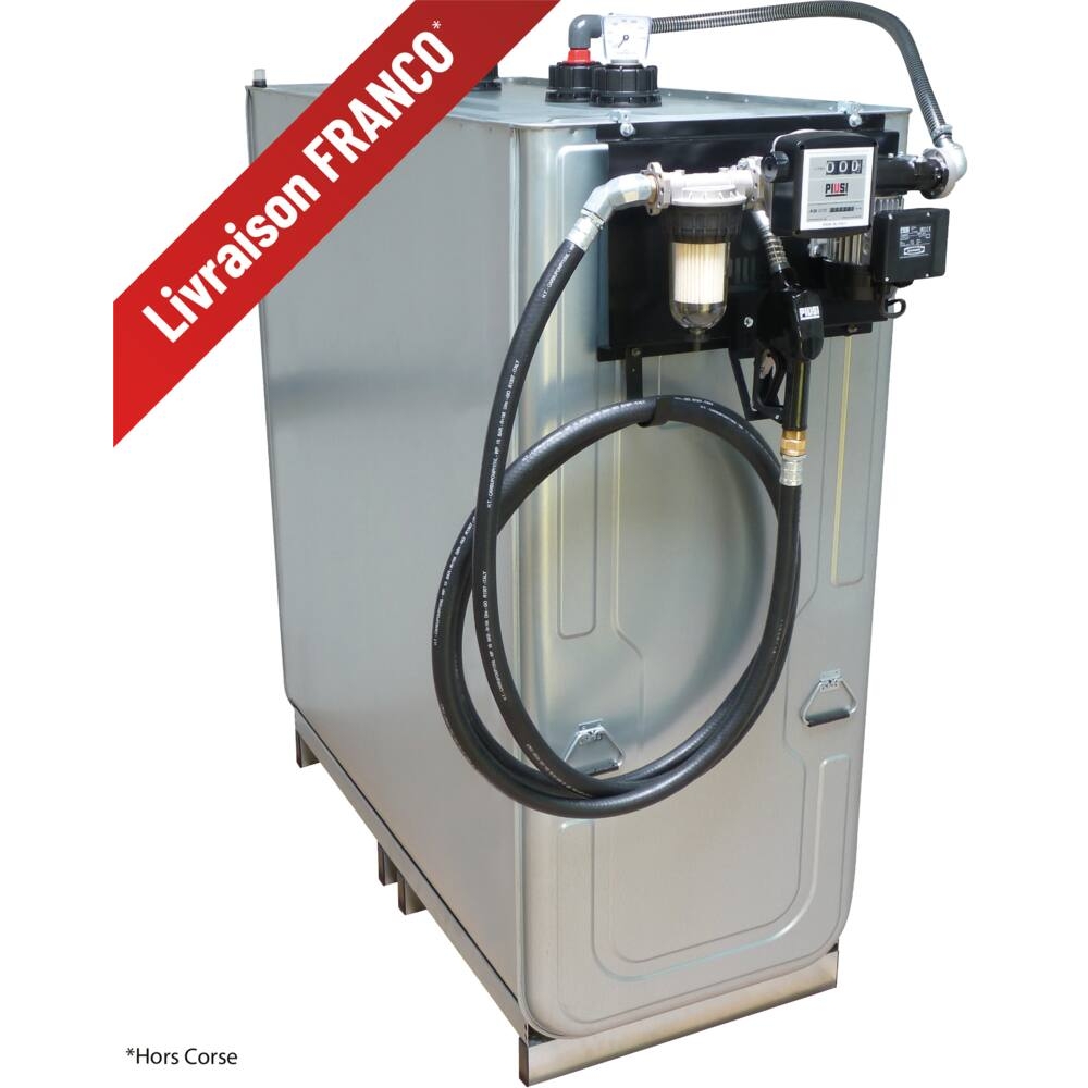 Cuve de stockage gasoil galvanisée 1500L double paroi avec station à gasoil 230V 70 l/min et pistolet automatique/compteur/filtre transparent PIUSI - 08299