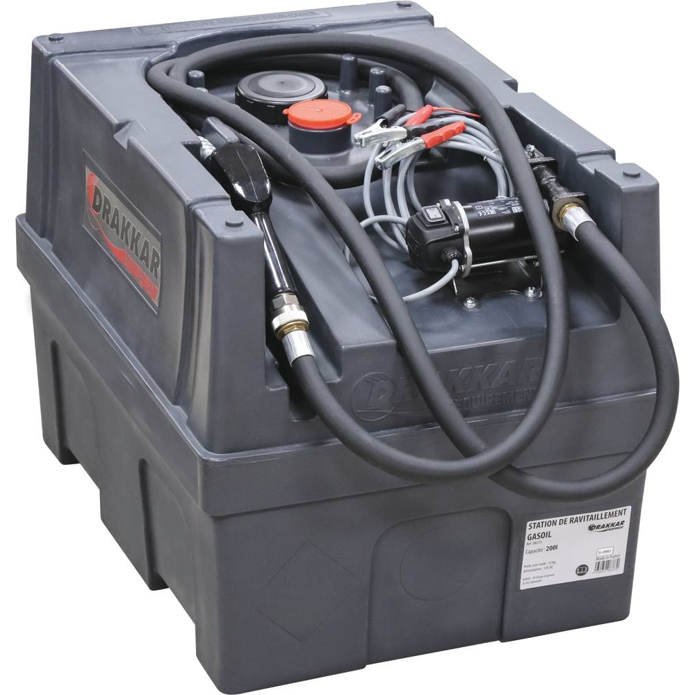Cuve de ravitaillement gasoil PE 200L avec kit pompe à gasoil 12V 45 l/min et pistolet automatique DRAKKAR - 08373