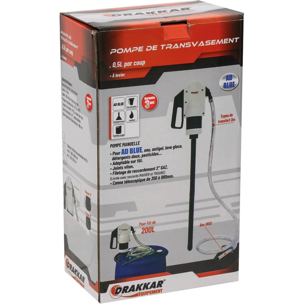 Pompe à levier AdBlue avec tuyau de refoulement 25 l/min - pour fût DRAKKAR - 08445