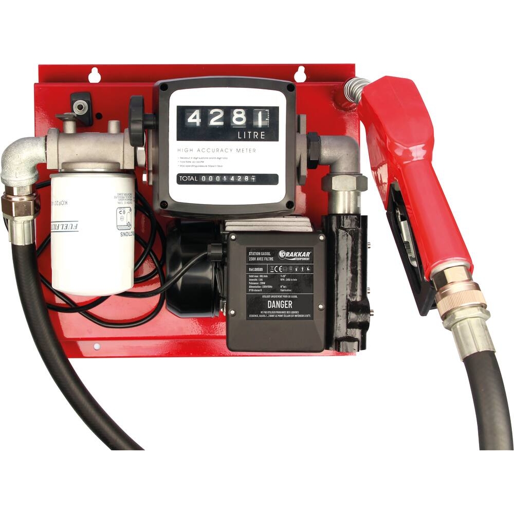 Pompe à gasoil 230V 60 l/min avec pistolet automatique/ volucompteur /filtre - station murale DRAKKAR - 08599