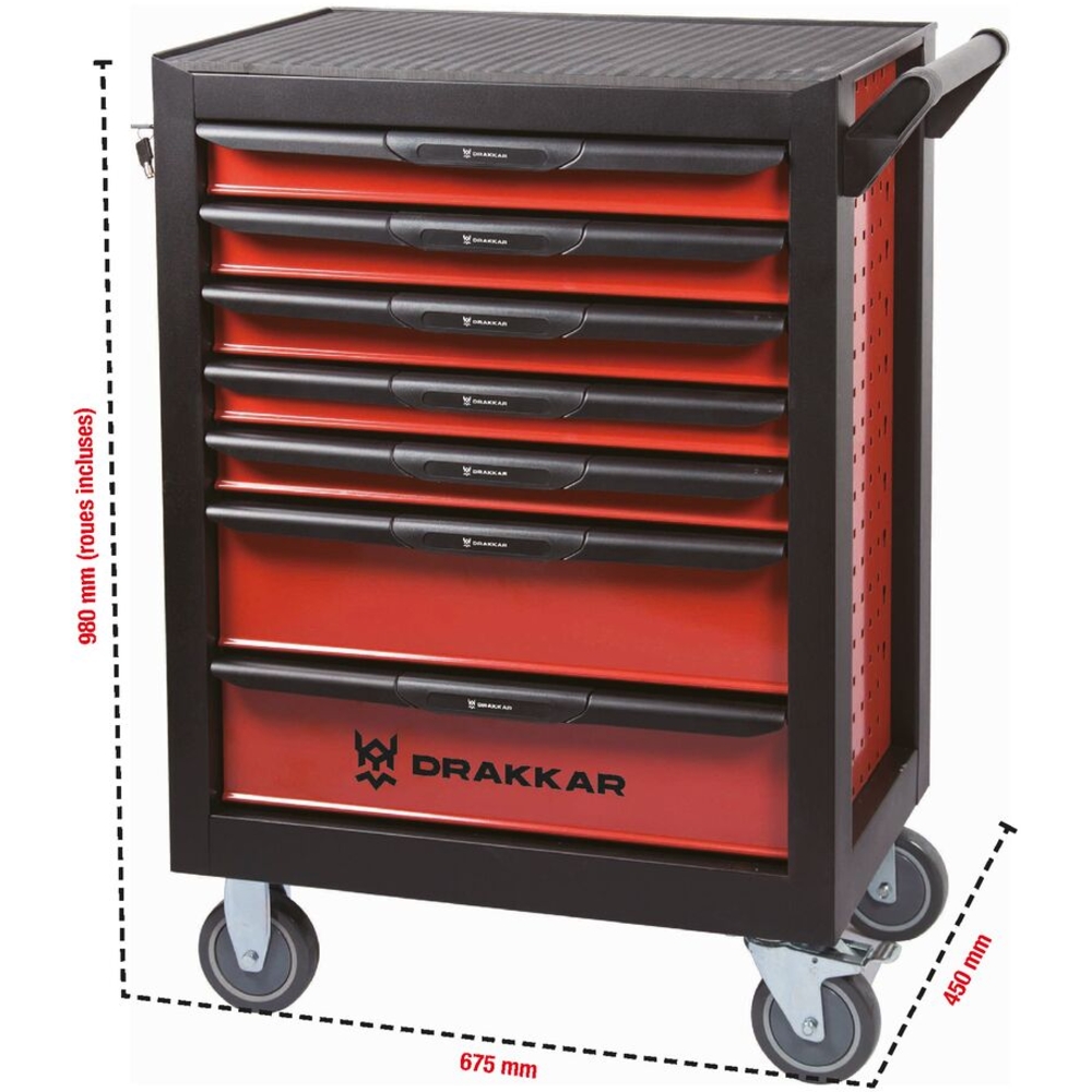 Servante d'atelier 7 tiroirs rouge/noir 675x450x980mm DRAKKAR - 09140