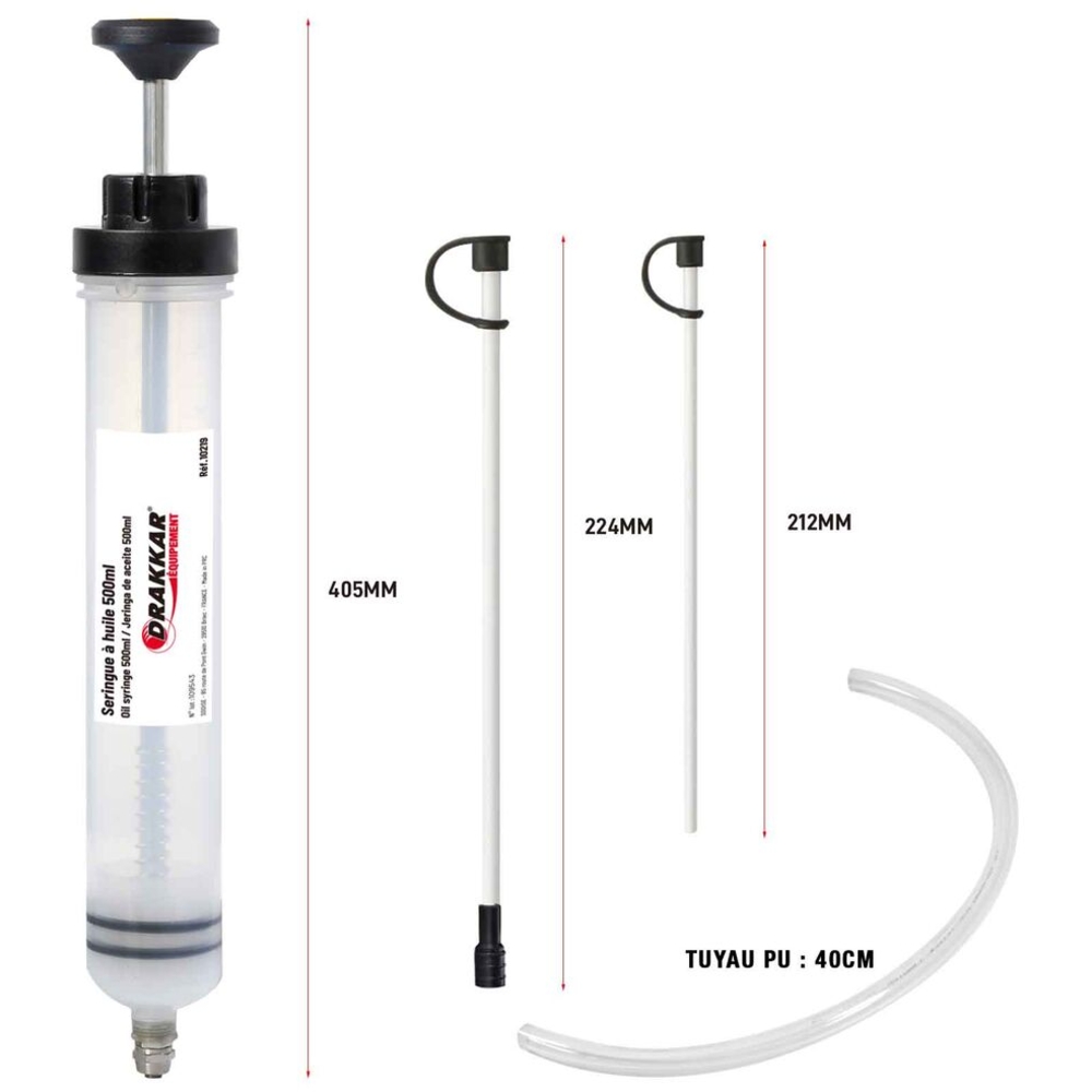 Seringue à huile plastique translucide 500ml avec tuyaux DRAKKAR - 10219