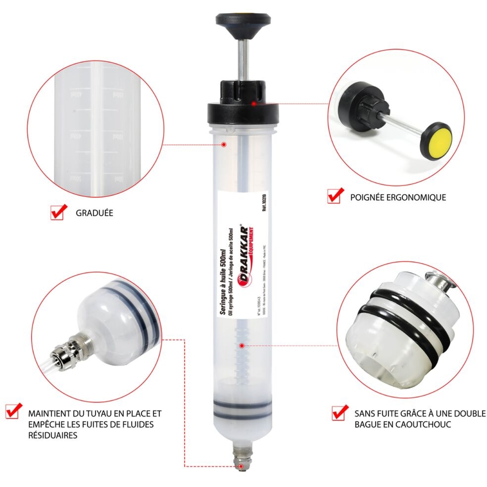 Seringue à huile plastique translucide 500ml avec tuyaux DRAKKAR - 10219