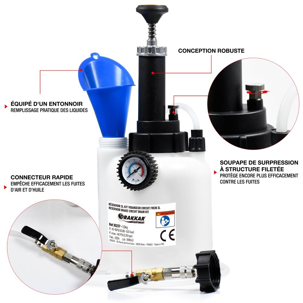PURGEUR DE CIRCUITS DE FREINS 3L AVEC BOUTEILLE DE RECUPERATION 1L - DRAKKAR EQUIPEMENT - 10237