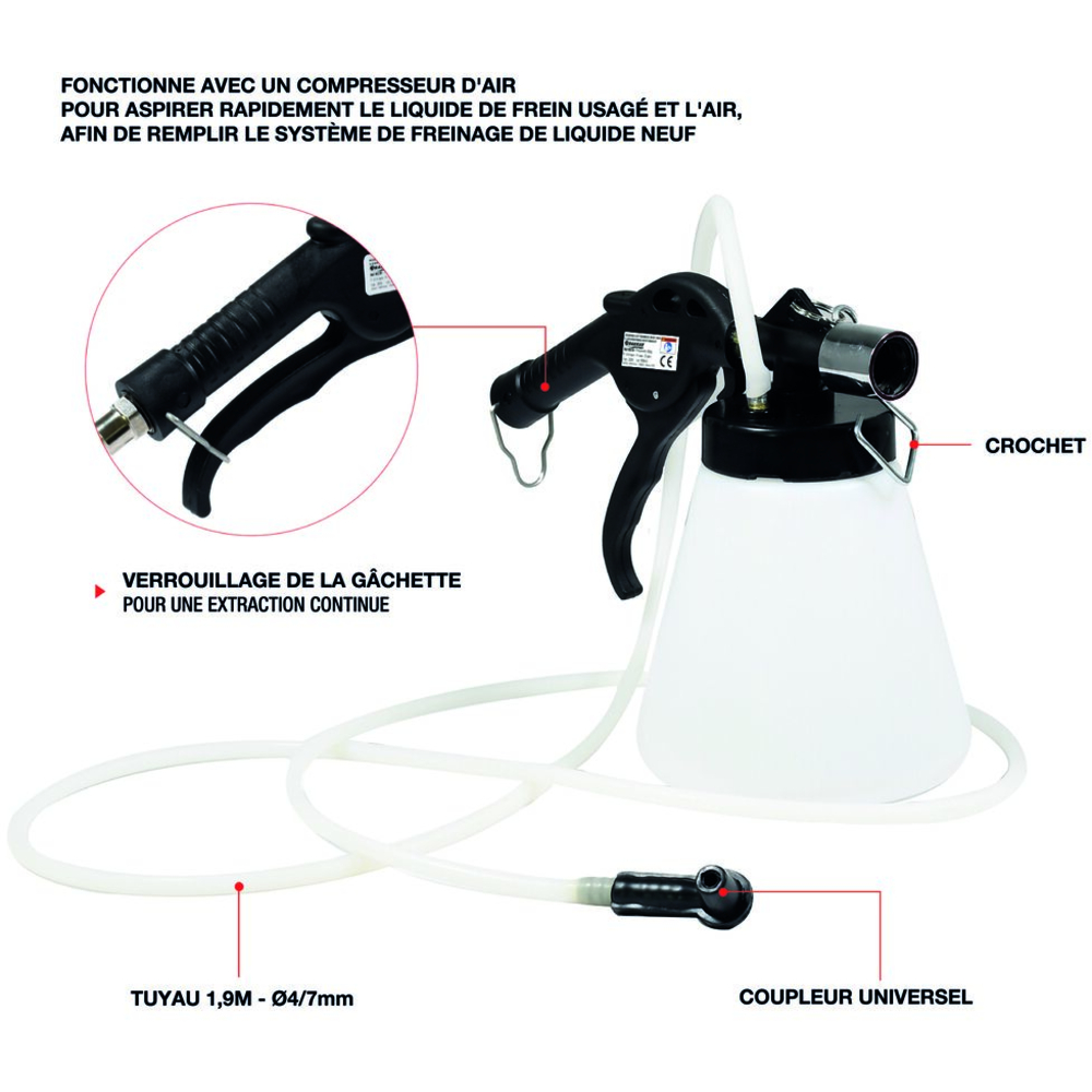 Vidangeur de circuit de frein pneumatique 1L avec bouteille de remplissage DRAKKAR - 10239