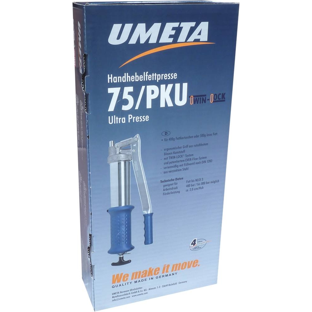 Pompe à graisse manuelle avec poignée caoutchouc et flexible renforcé/agrafe et valve de remplissage UMETA - 10599