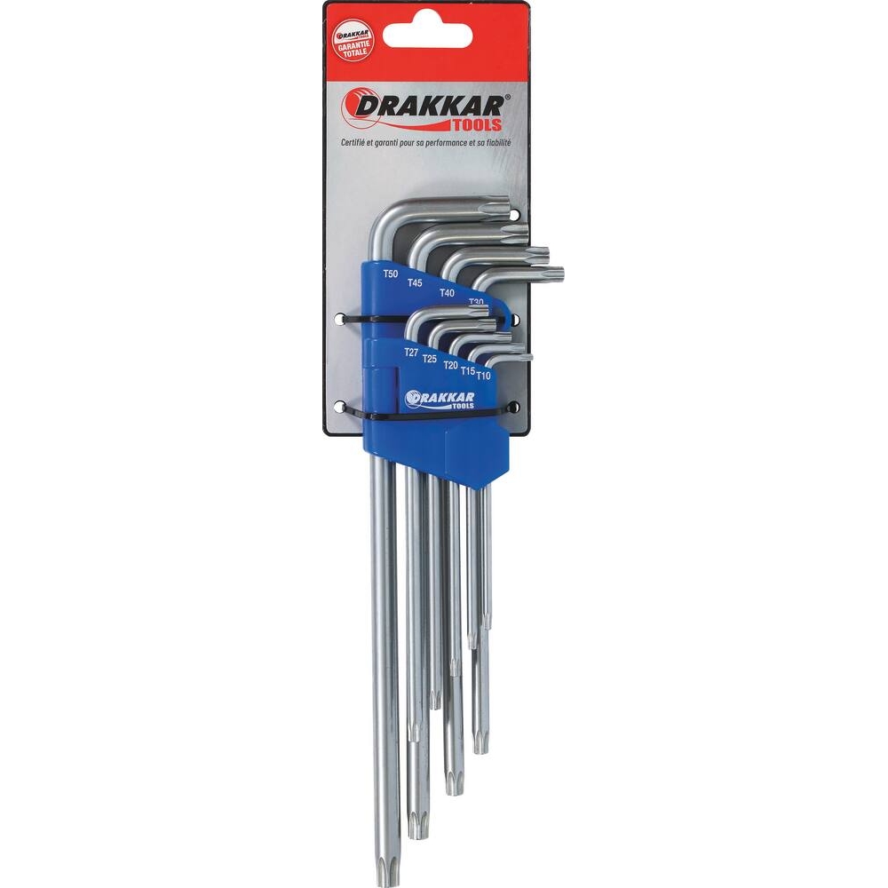 Clé mâle coudée Torx extra longue alésée de T10 à T50 - étui pivotant de 9 pcs sur carte DRAKKAR TOOLS - 10667