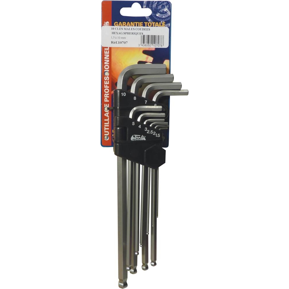 Clés mâles coudées hexagonales extra longues de 1,5 à 10mm - étui pivotant de 10 pcs sur carte DRAKKAR TOOLS - 10707
