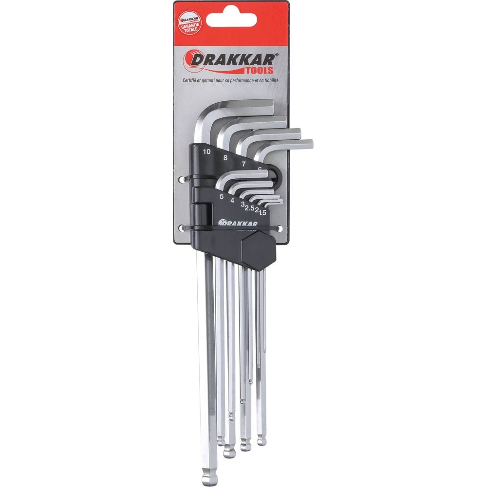 Clés mâles coudées hexagonales extra longues de 1,5 à 10mm - étui pivotant de 10 pcs sur carte DRAKKAR TOOLS - 10707