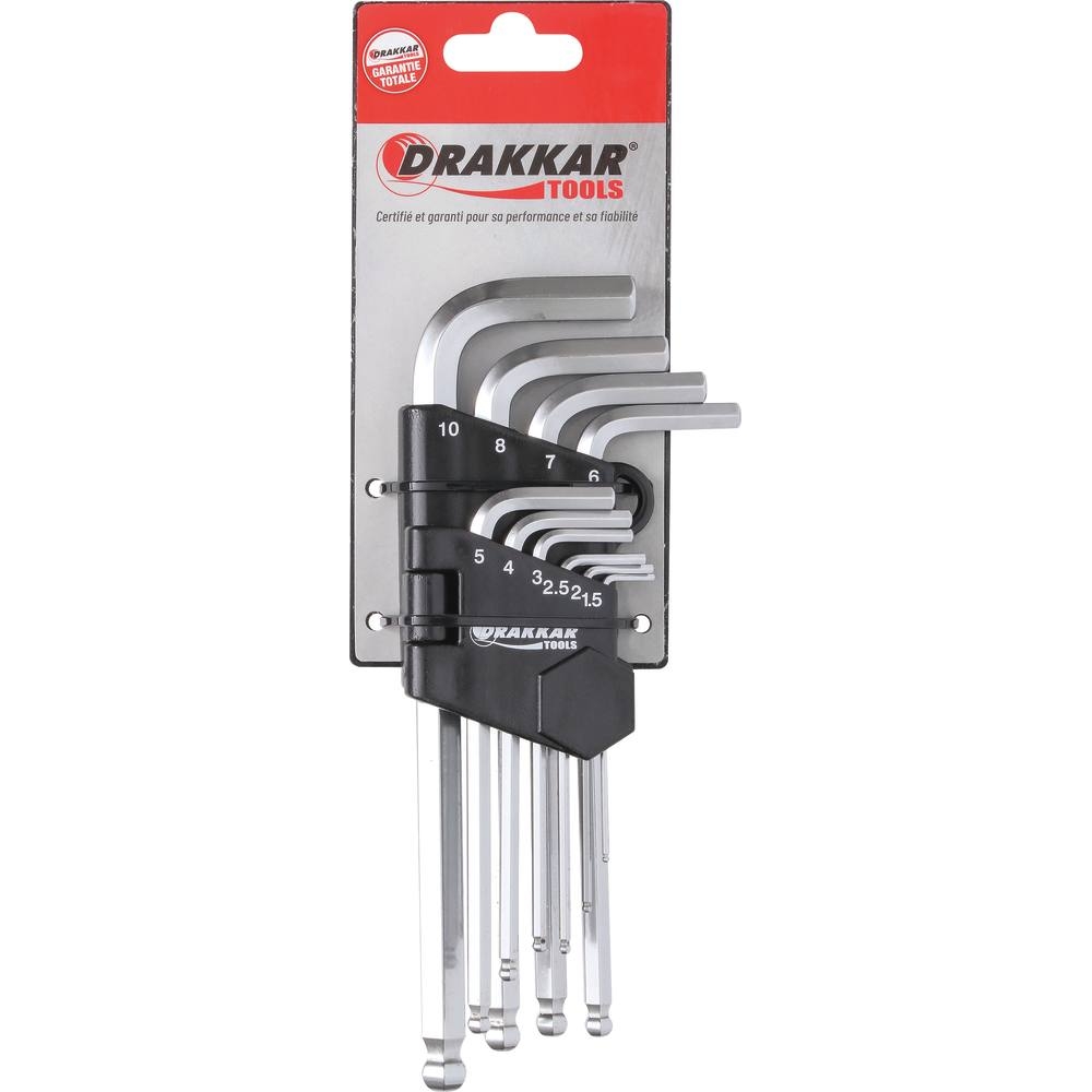 Clés mâles hexagonales longues de 1,5 à 10mm - étui pivotant de 10 pcs sur carte DRAKKAR TOOLS - 10764
