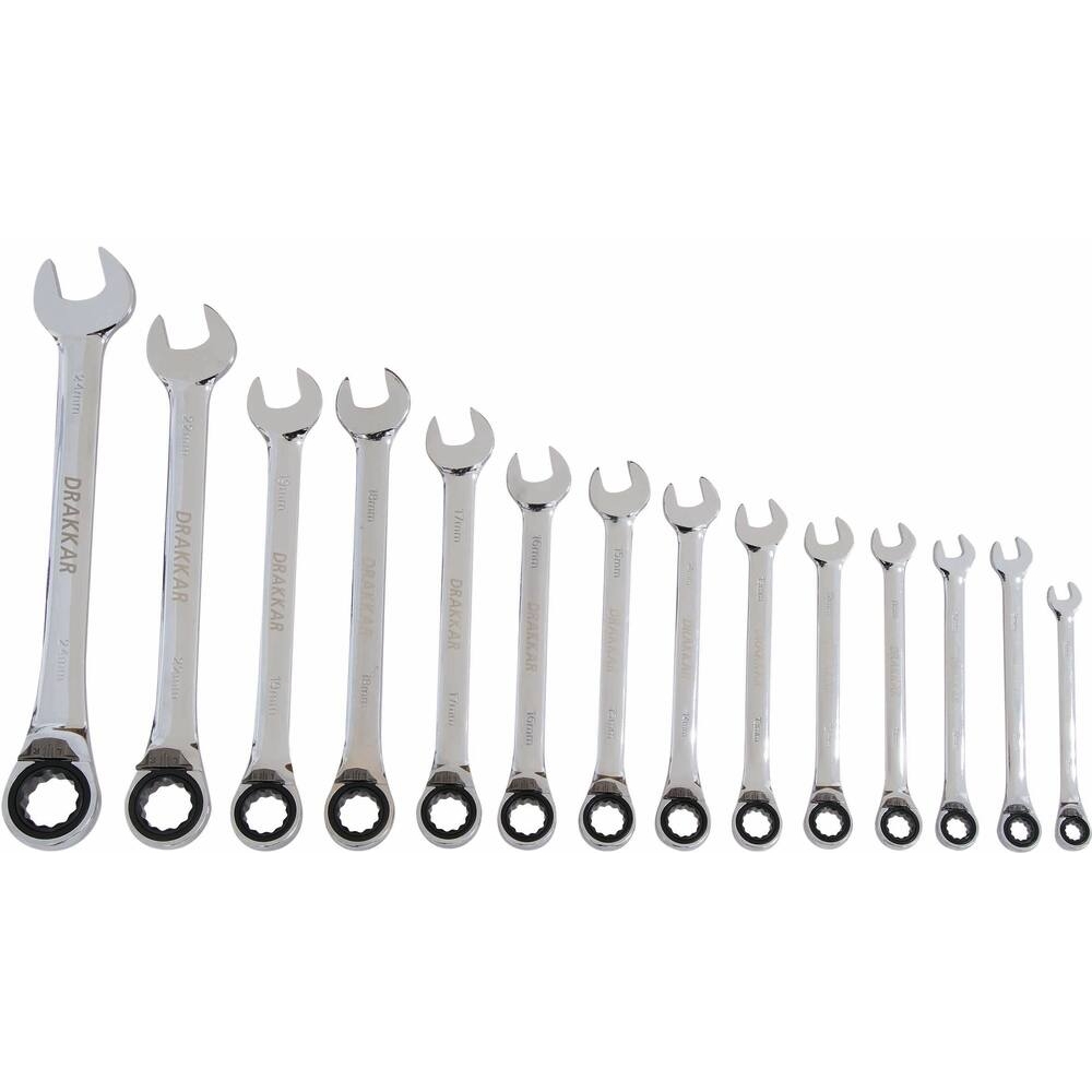 Clés mixtes coudées à cliquet de 8 à 24mm avec inverseur - pochette de 14 pcs DRAKKAR TOOLS - 10829