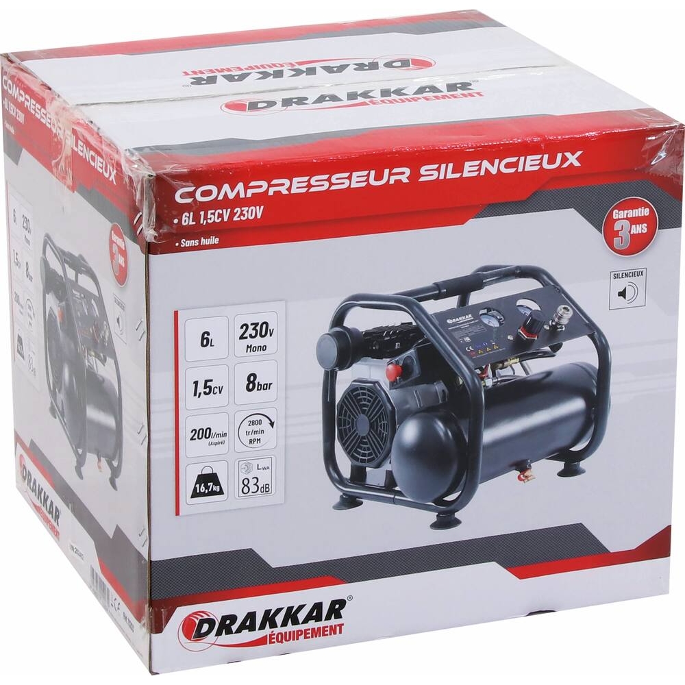 Compresseur silencieux 6L 8 bar 1,5CV 230V sans huile DRAKKAR - 11203