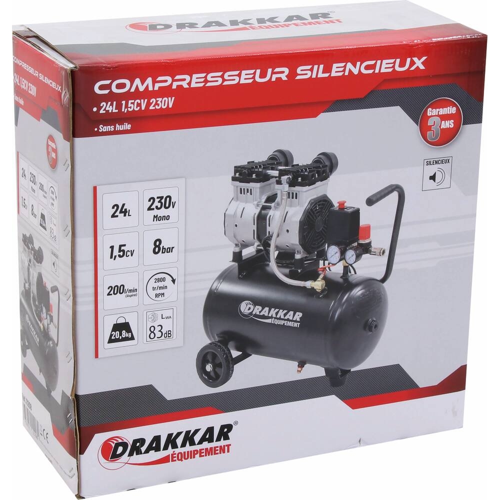 Compresseur silencieux 24L 8 bar 1,5CV 230V sans huile DRAKKAR - 11208