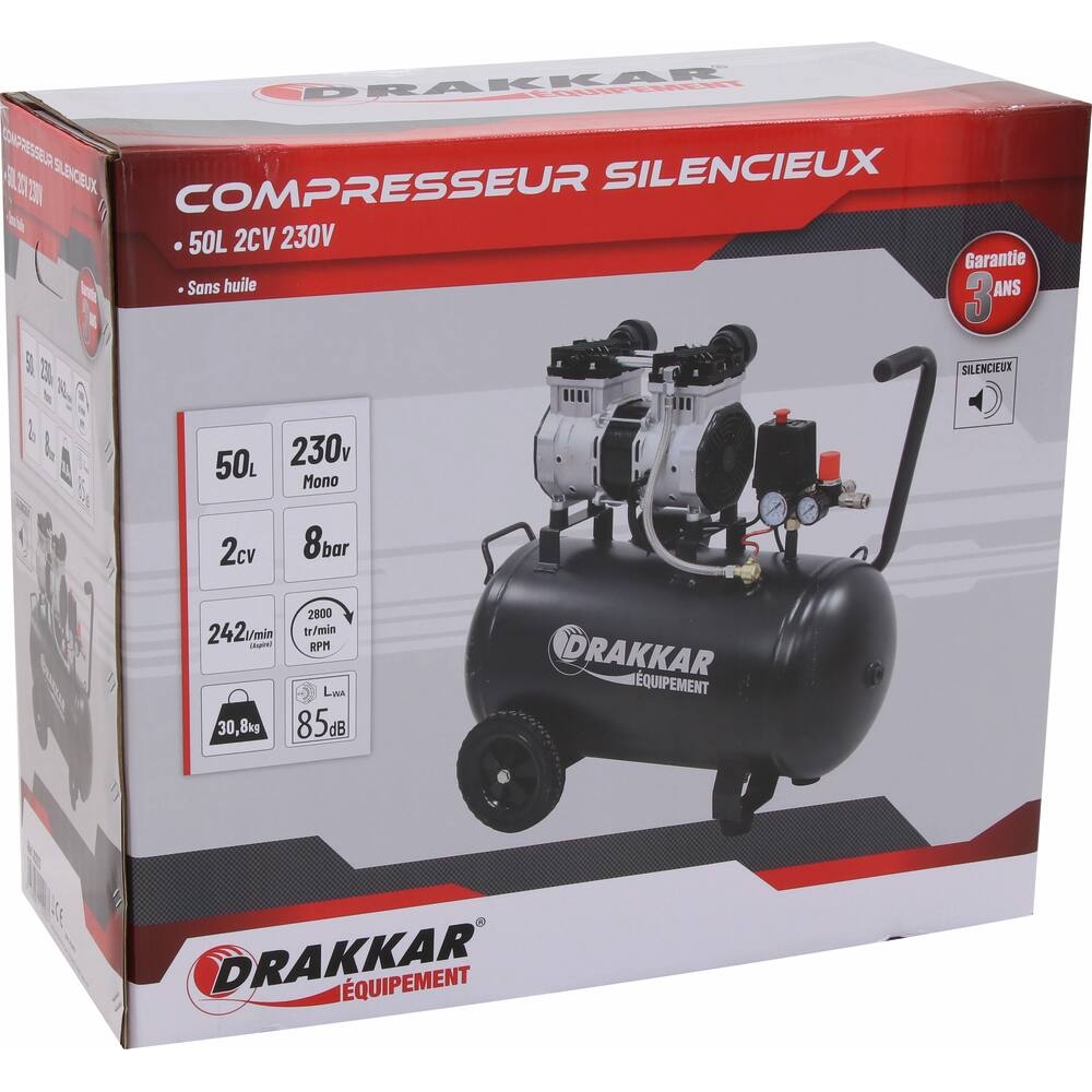 Compresseur silencieux 50L 8 bar 2CV 230V sans huile DRAKKAR - 11213