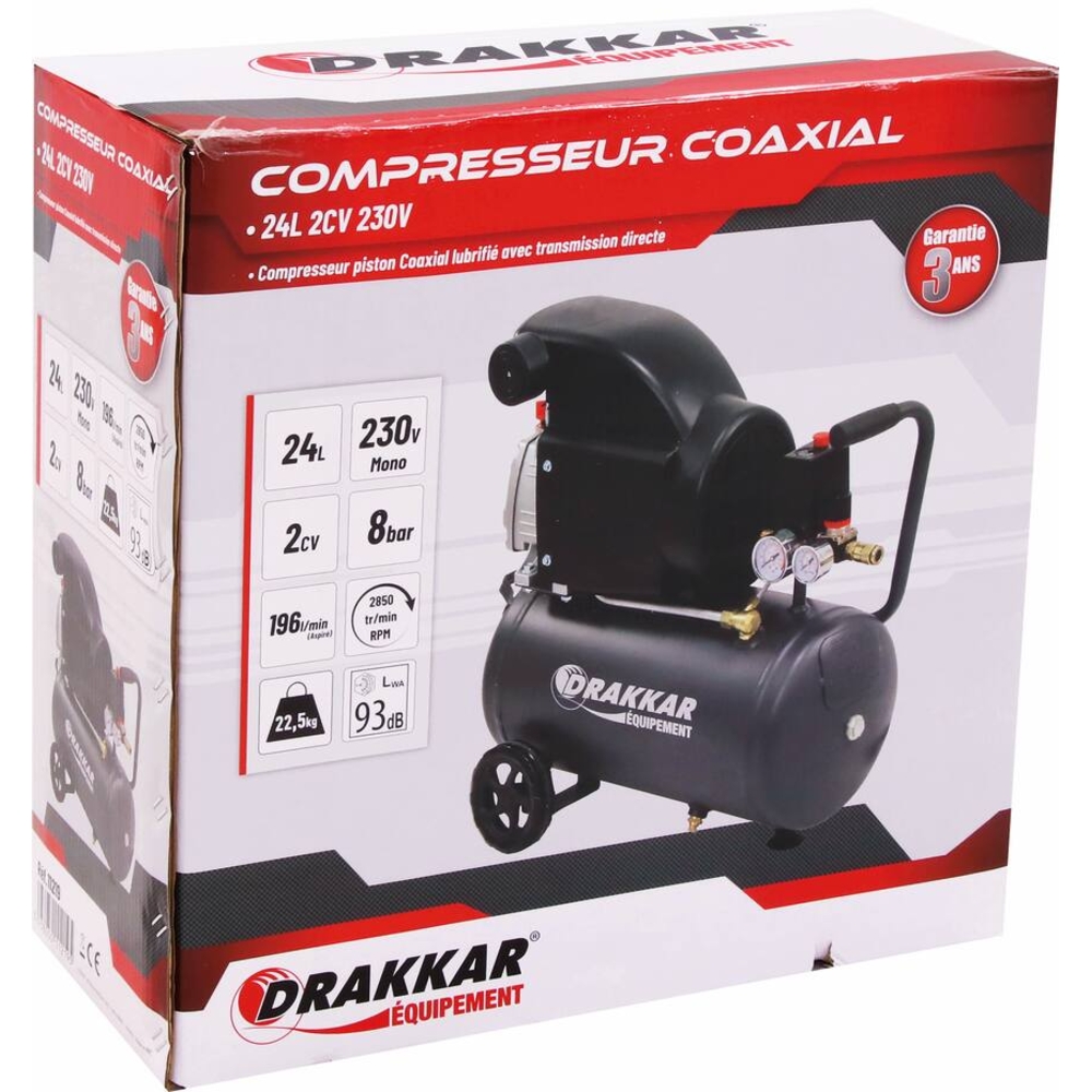 Compresseur coaxial 24L 8 bar 2CV 230V DRAKKAR - 11219