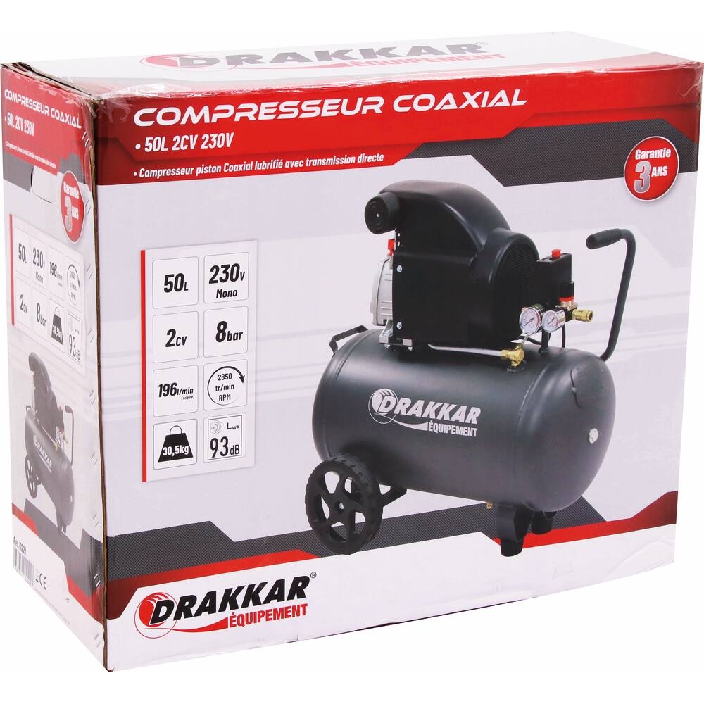 Compresseur coaxial 50L 8 bar 2CV 230V DRAKKAR - 11221