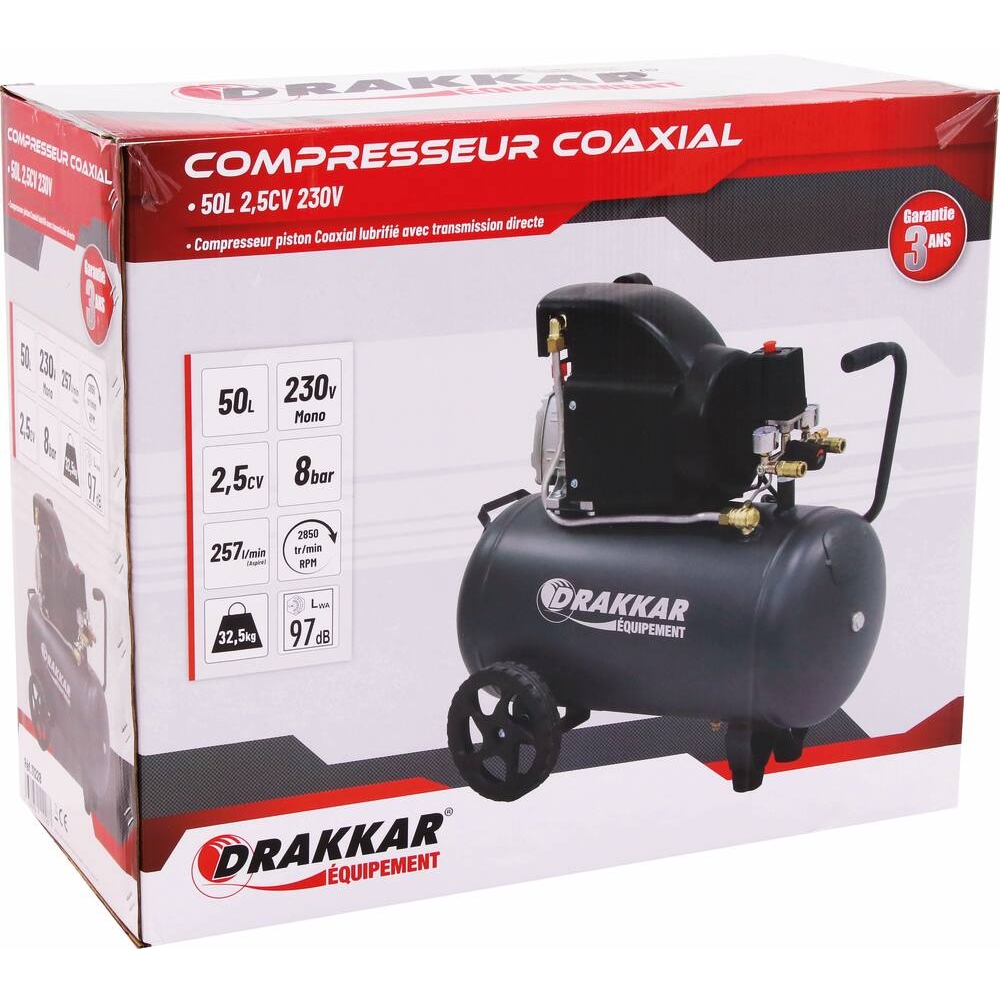 Compresseur coaxial 50L 8 bar 2,5CV 230V DRAKKAR 11228