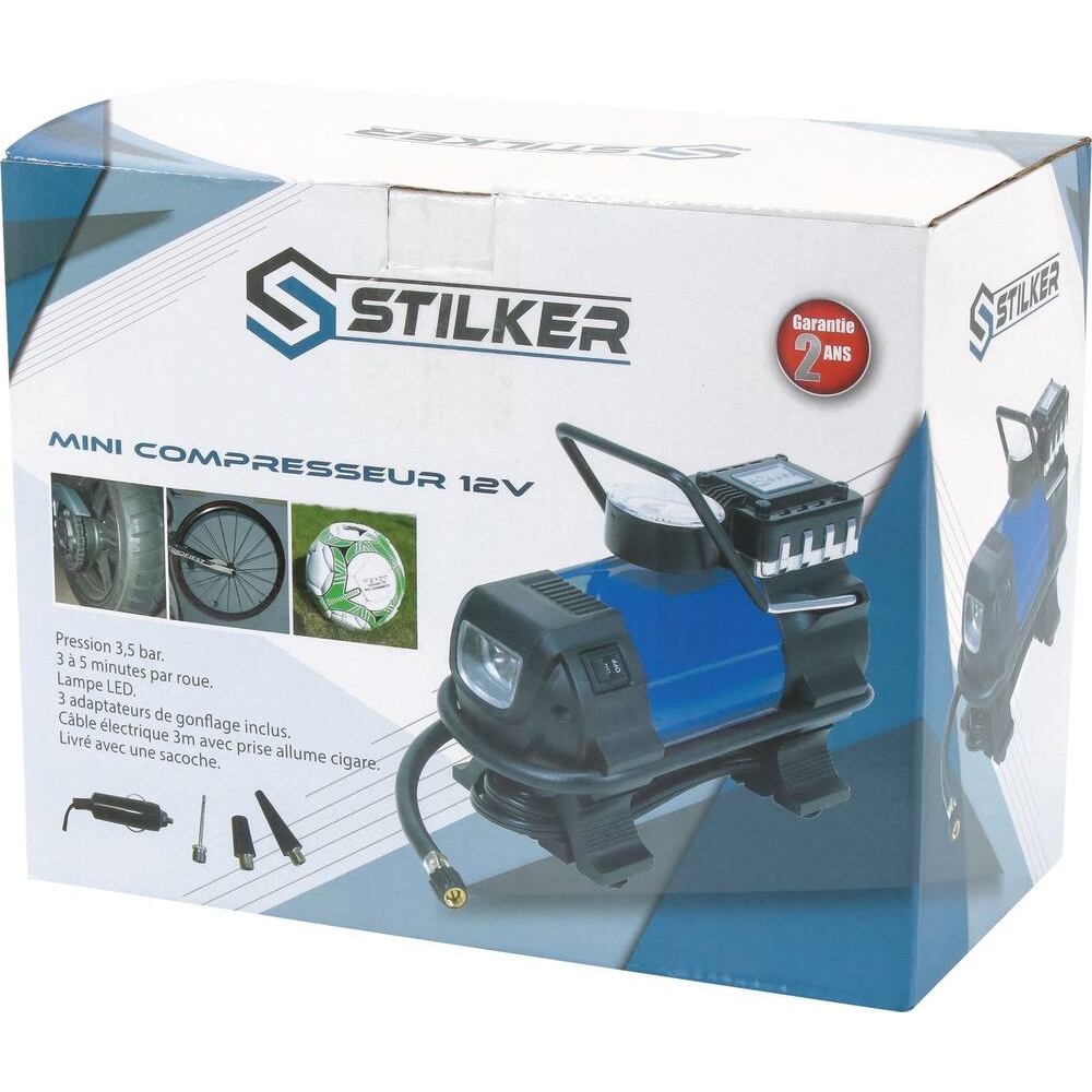 Mini compresseur 12V-15A-120W-3,5 bar + 3 adaptateurs STILKER - 11250