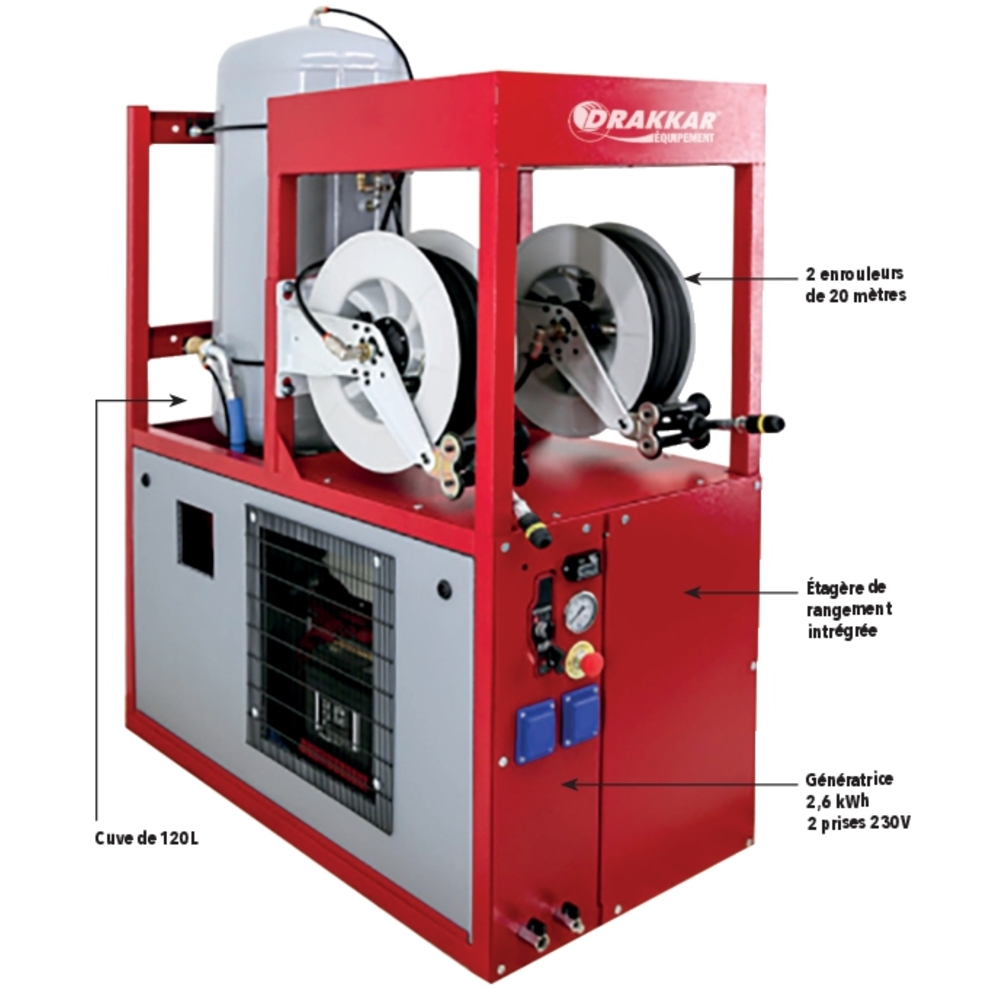 Compresseur thermique 120L 9CV 12 bar/2000W/2 prises 230V/2 enrouleurs d' air/bâti soudé de transport DRAKKAR EQUIPEMENT - 11264