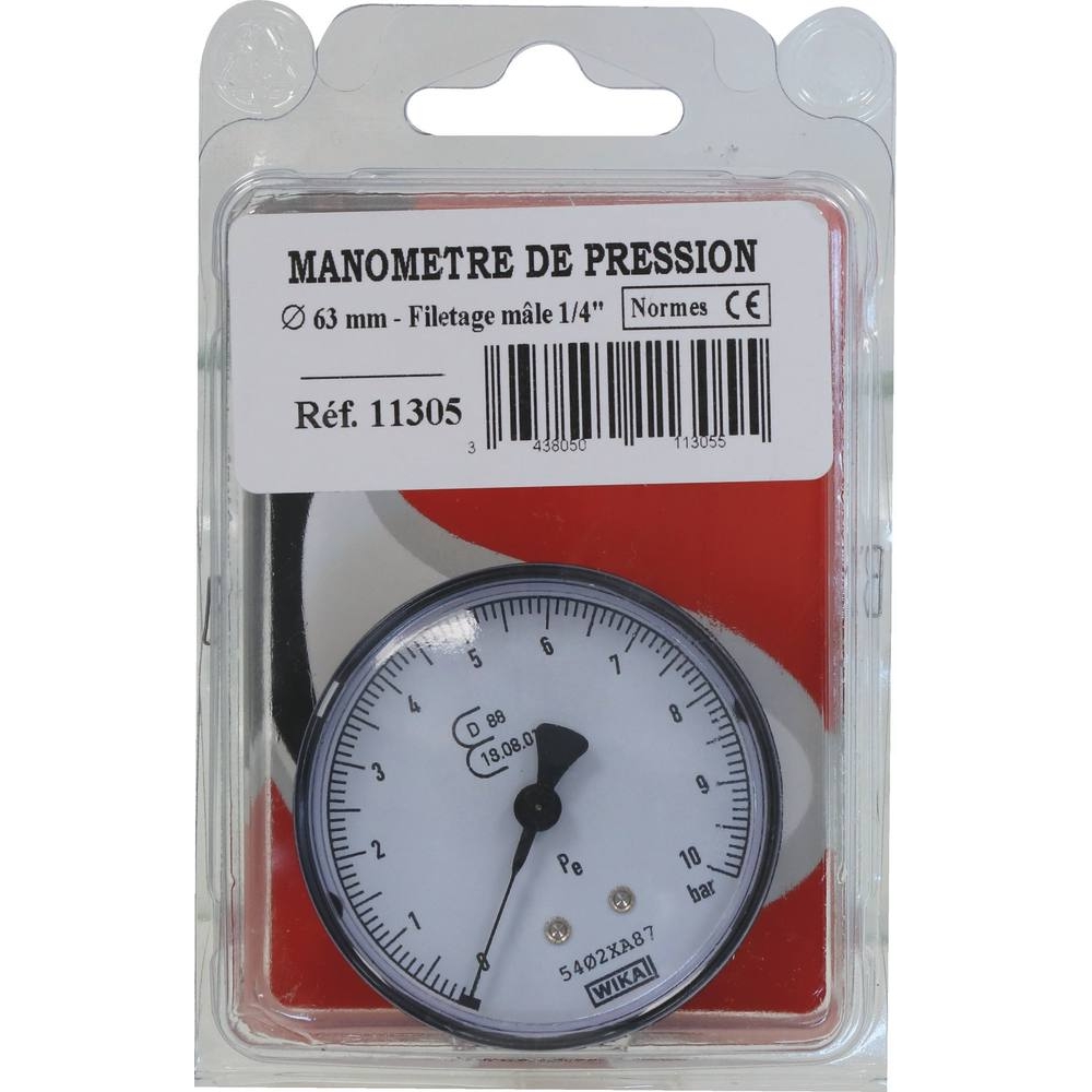 Manomètre de pression 10 bar 63mm filetage mâle 1/4