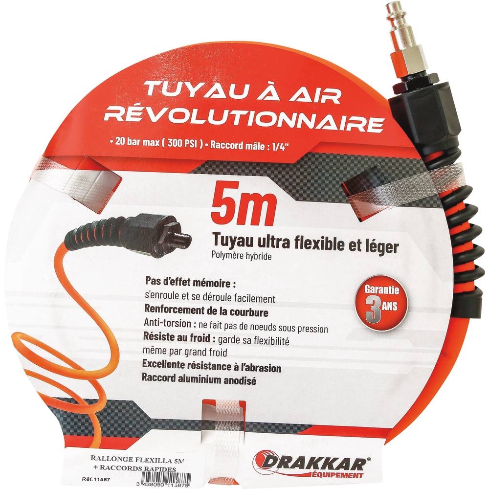 Rallonge tuyau air comprimé ultra flexible avec raccords rapides 8x14mm 5m DRAKKAR - 11587