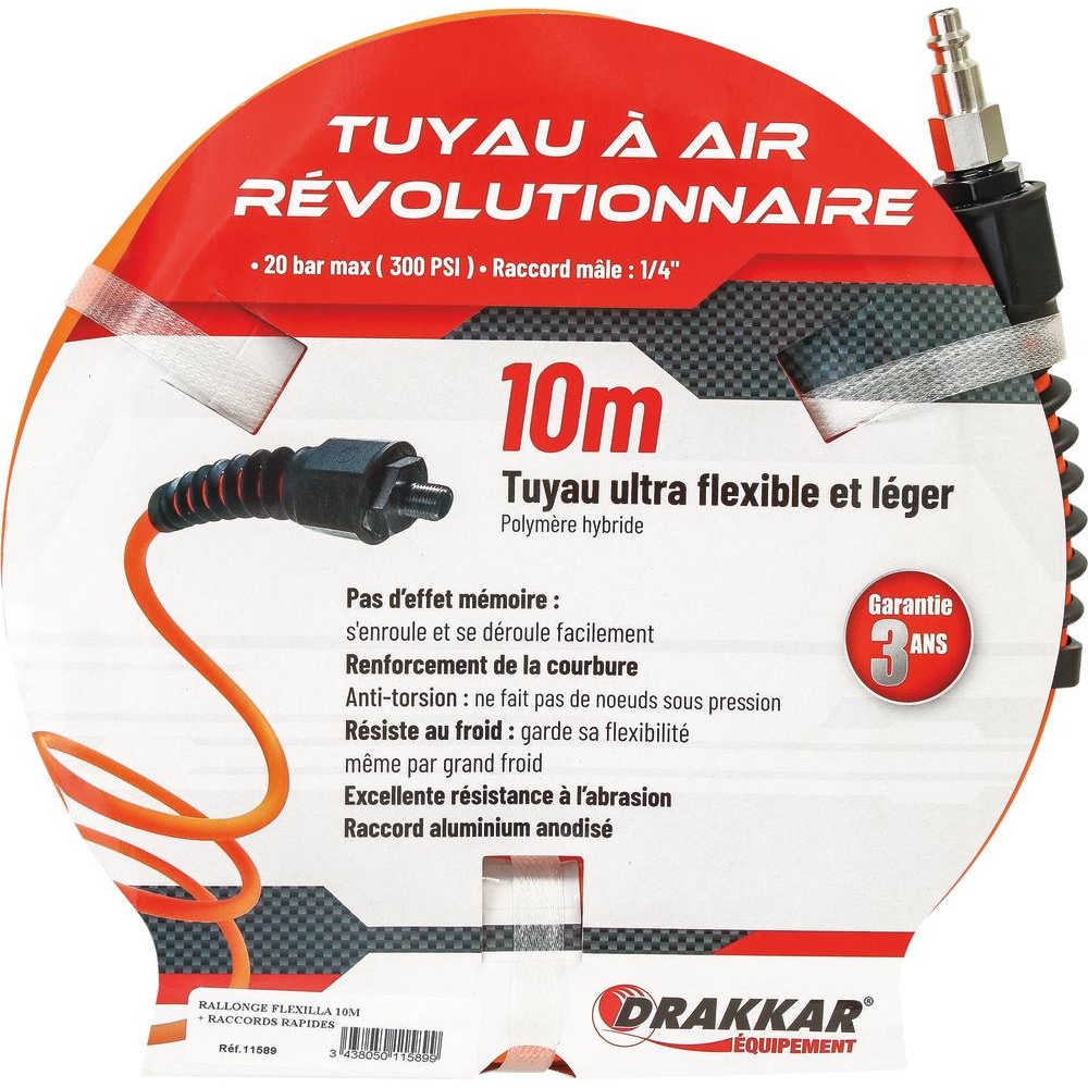 Rallonge tuyau air comprimé ultra flexible avec raccords rapide 8x14mm 10m DRAKKAR - 11589
