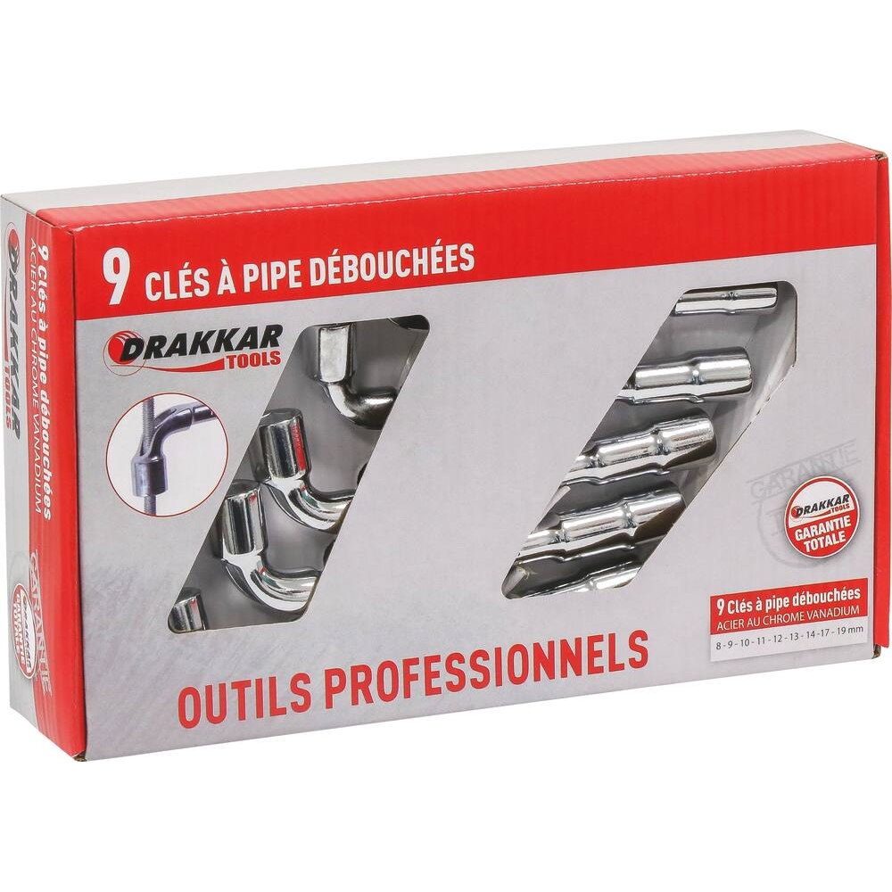 Clés à pipe débouchées 6 pans/6 pans de 8 à 19mm - boîte carton de 9 pcs DRAKKAR TOOLS - 12274