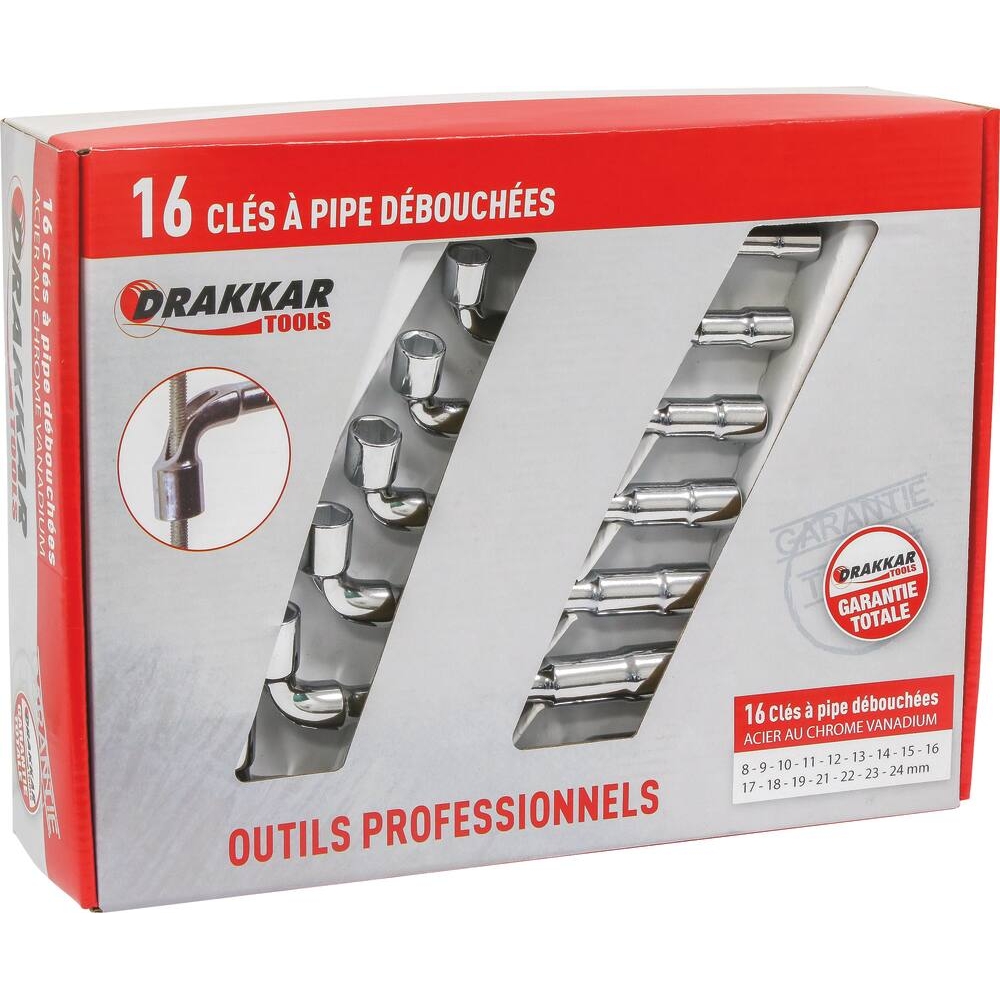 Clés à pipe débouchées 6 pans/6 pans de 8 à 24mm - boîte carton de 16 pcs DRAKKAR TOOLS - 12278