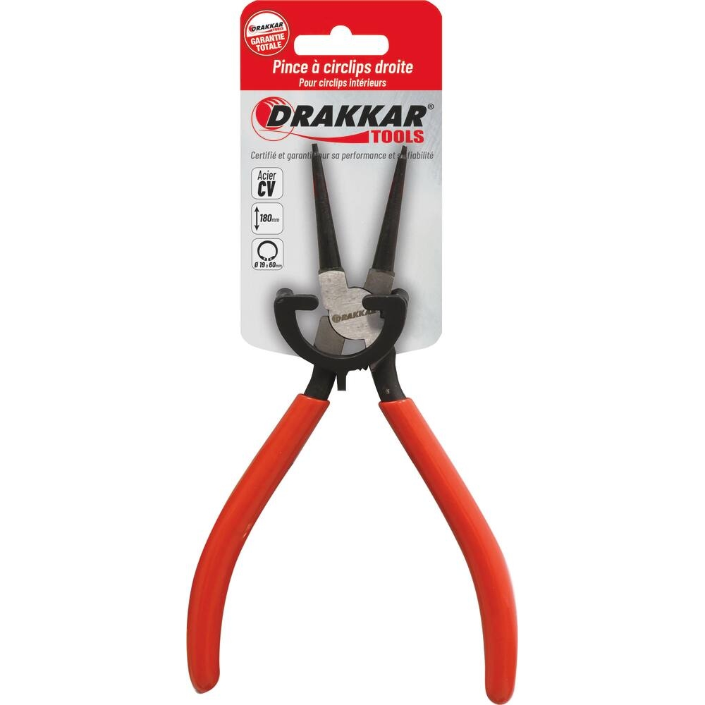 Pince droite 180mm pour circlips intérieur 19/60mm gainée - carte DRAKKAR TOOLS - 12531