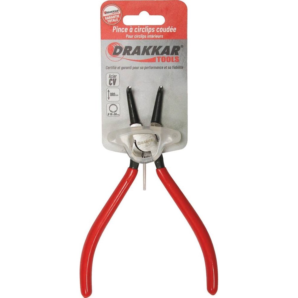 Pince coudée 180mm pour circlips intérieur 19/60mm gainée - carte DRAKKAR TOOLS - 12535
