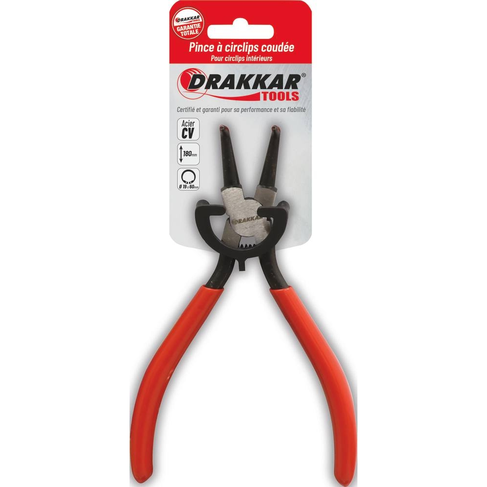 Pince coudée 180mm pour circlips intérieur 19/60mm gainée - carte DRAKKAR TOOLS - 12535
