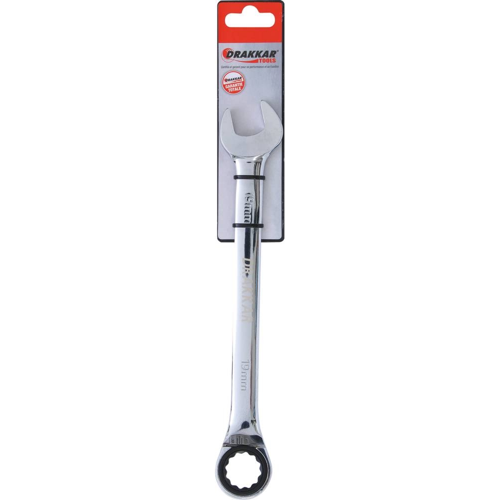 Clé mixte coudée à cliquet de 19mm avec inverseur - carte DRAKKAR TOOLS - 12639