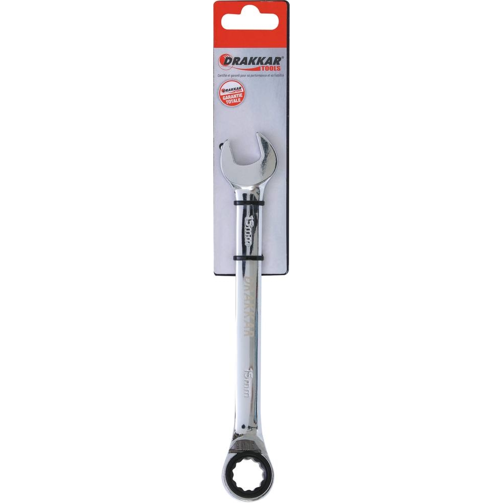 Clé mixte coudée à cliquet de 15mm avec inverseur - carte DRAKKAR TOOLS - 12683