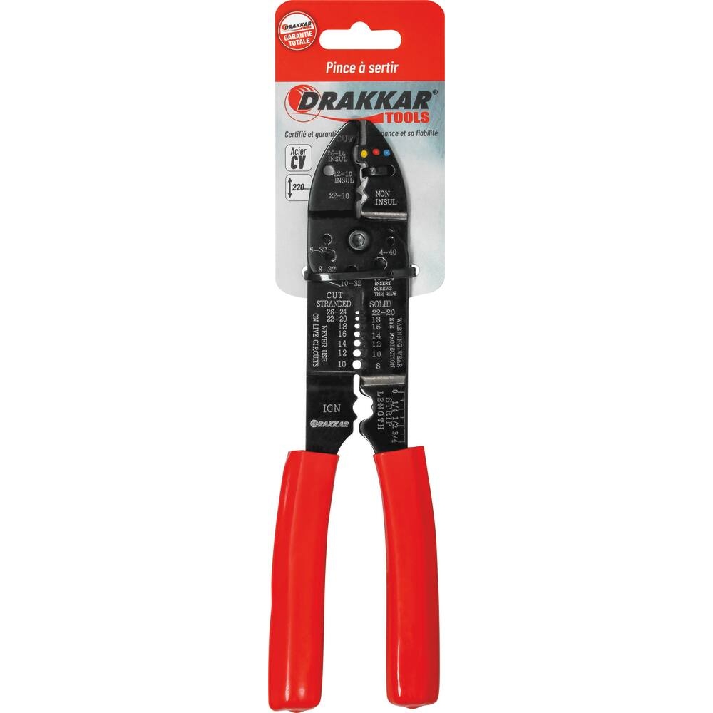 Pince à sertir 230mm cosse isolée et non isolée gainée PVC - carte DRAKKAR TOOLS - 12704