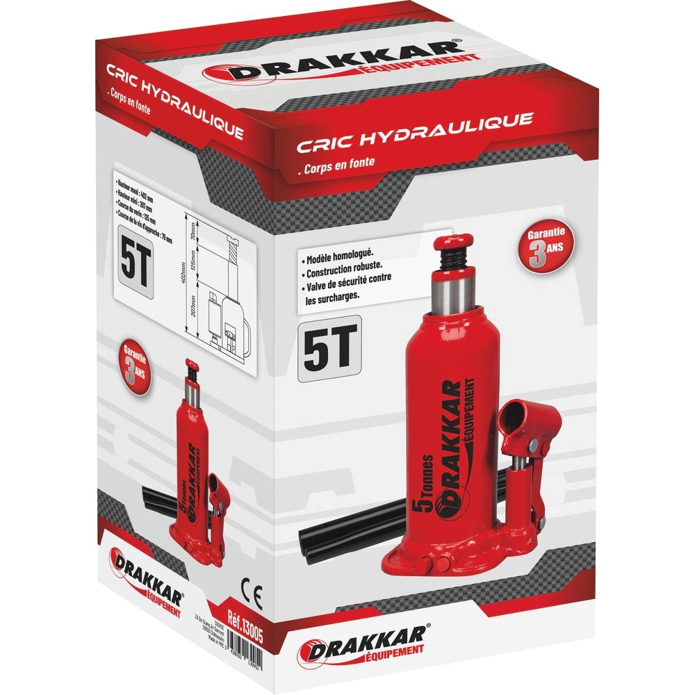 Cric bouteille hydraulique base soudée 5T DRAKKAR - 13005
