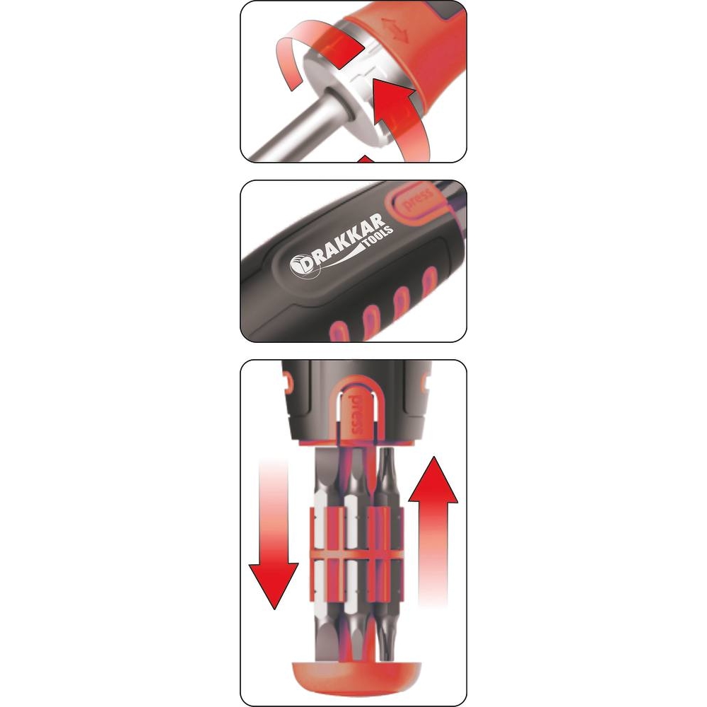 Tournevis à cliquet 36 dents avec 12 embouts dans le manche - DRAKKAR TOOLS - 13210