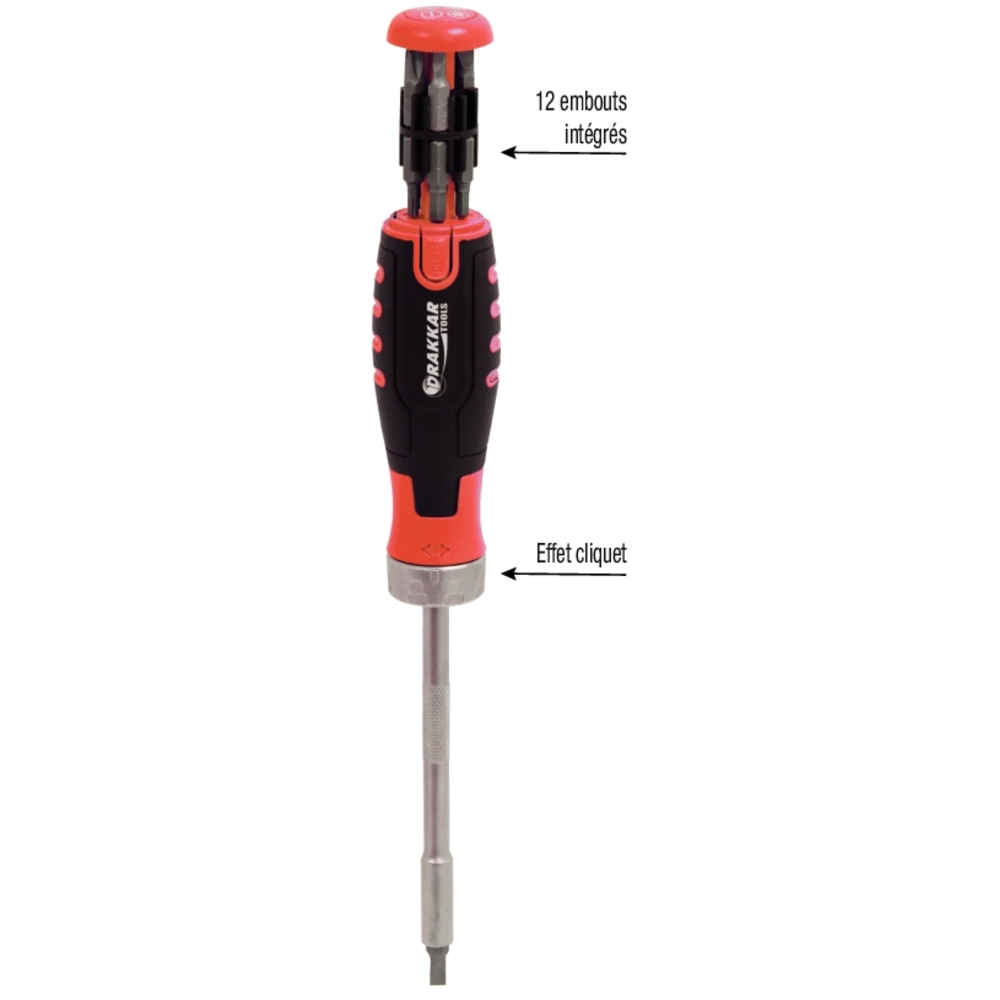 Tournevis à cliquet 36 dents avec 12 embouts dans le manche - DRAKKAR TOOLS - 13210