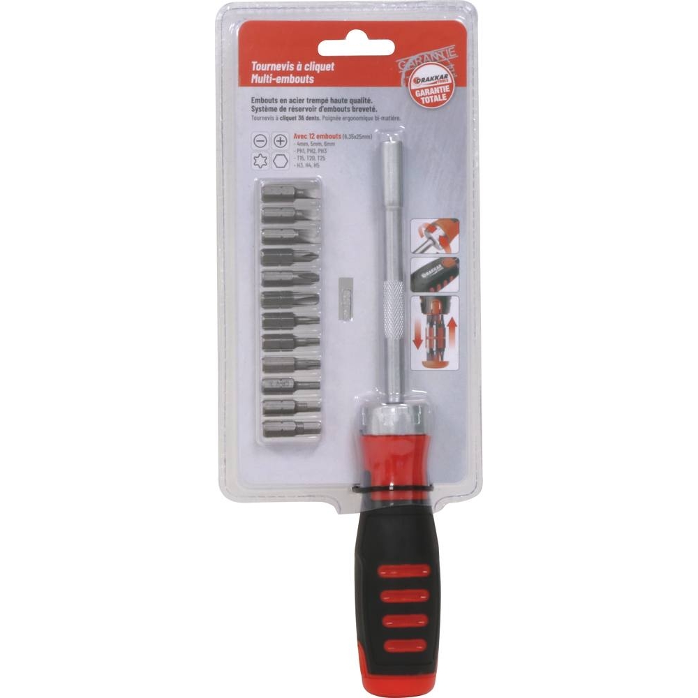 Tournevis à cliquet 36 dents avec 12 embouts dans le manche - DRAKKAR TOOLS - 13210